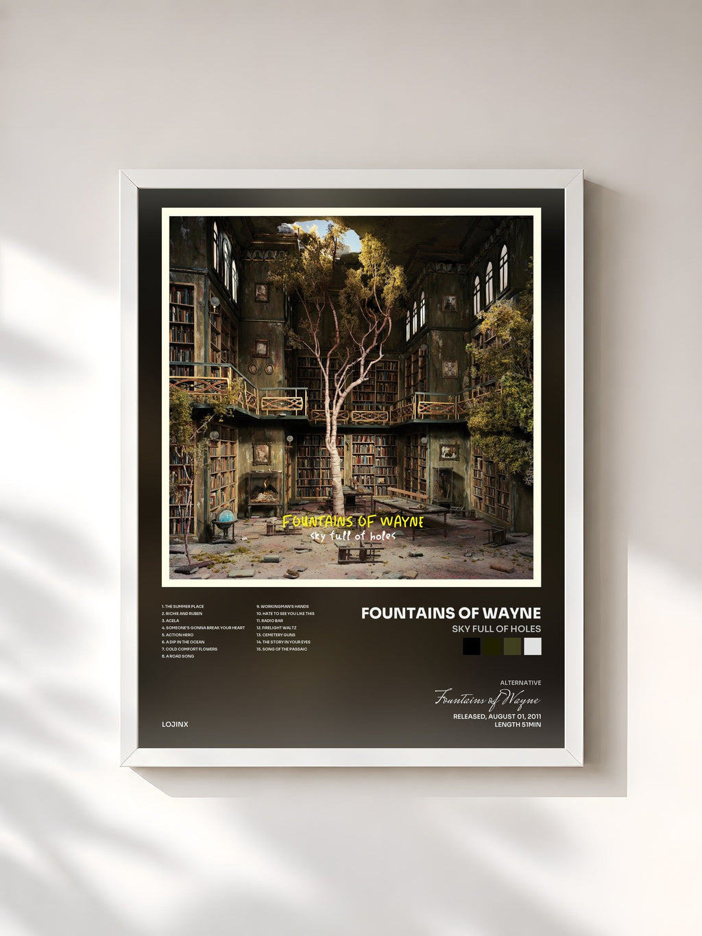 #blanc Tableau de l'album Sky Full of Holes de Fountains of Wayne, cadre blanc, imprimé et encadré en France