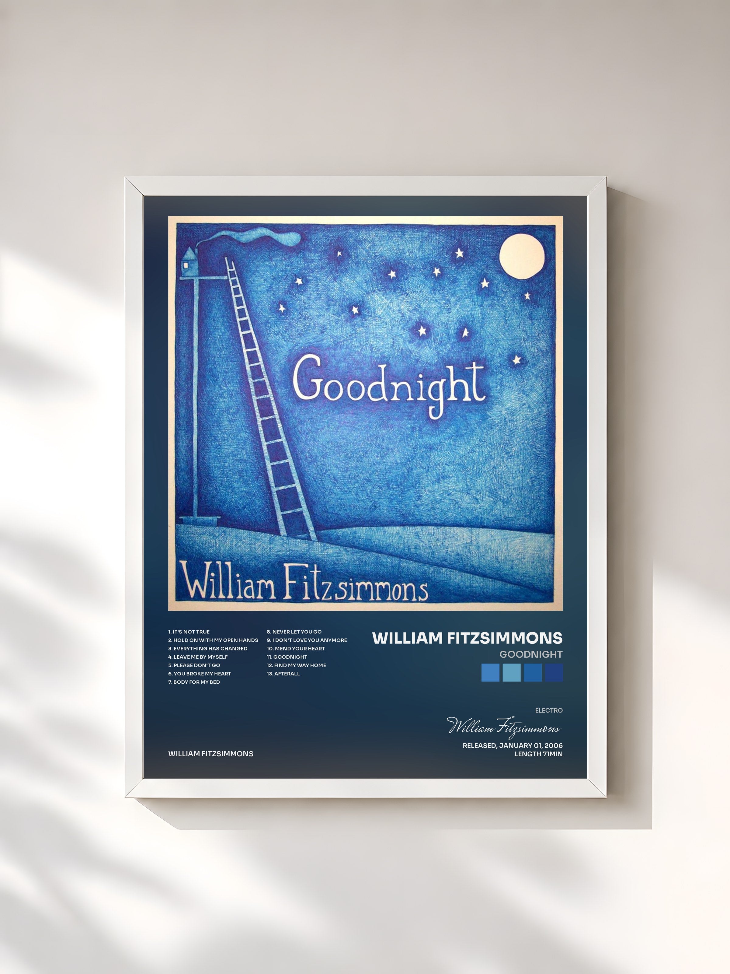 #blanc Tableau de l'album Goodnight de William Fitzsimmons, cadre blanc, imprimé et encadré en France