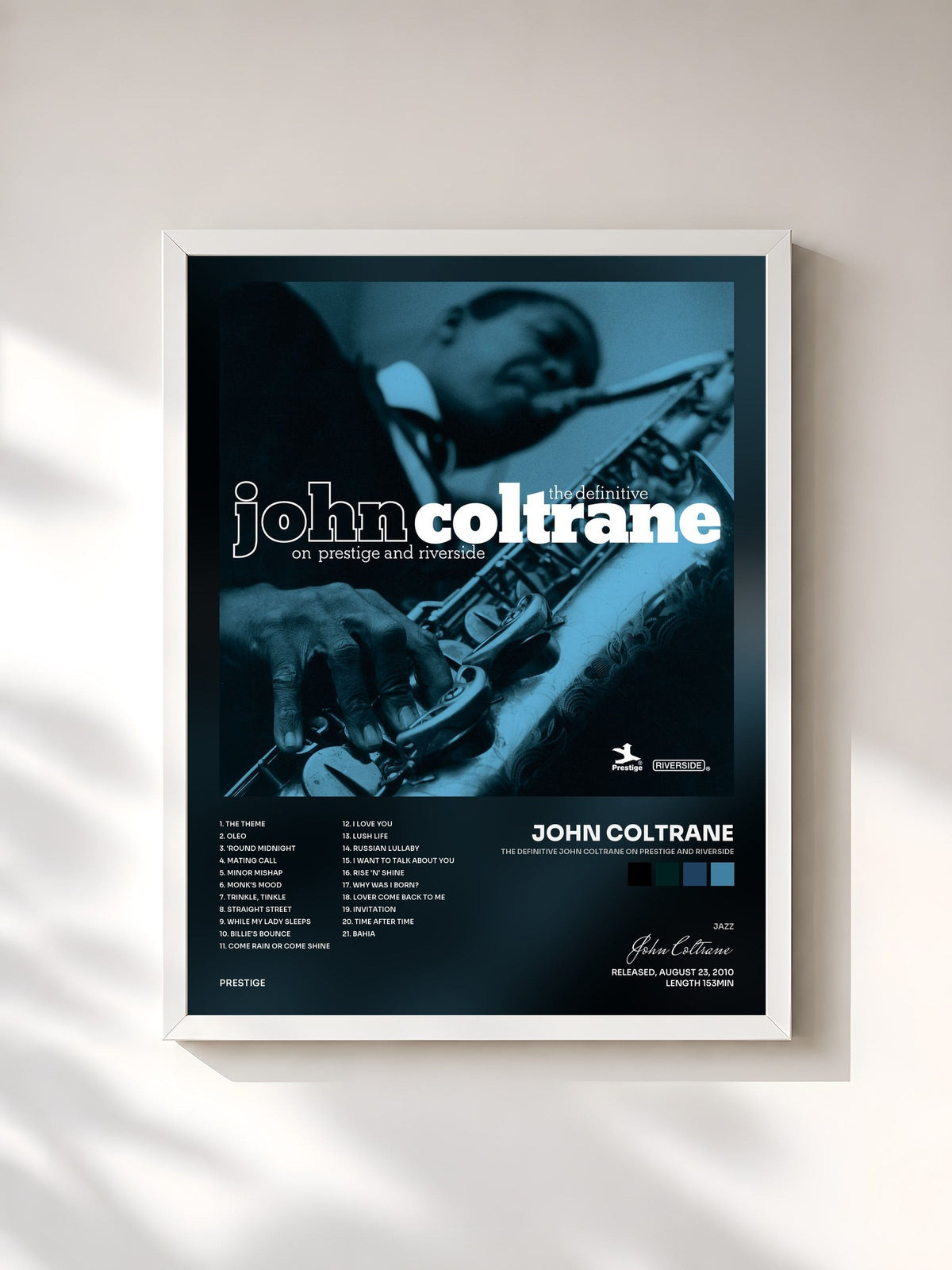 #blanc Tableau de l'album The Definitive John Coltrane On Prestige And Riverside de John Coltrane, cadre blanc, imprimé et encadré en France