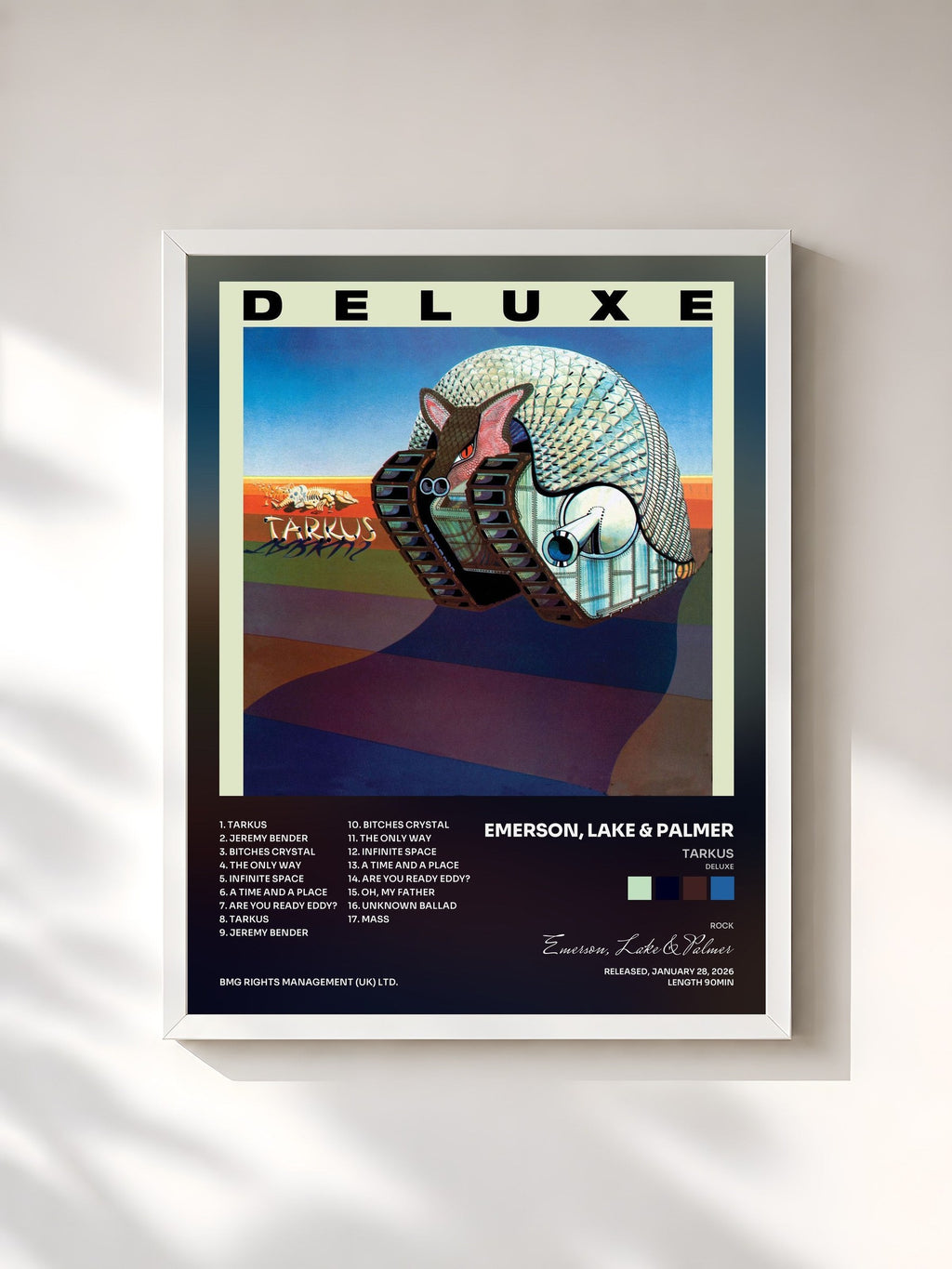 #blanc Tarkus (Deluxe) by Emerson, Lake & Palmer as a framed art print, white frame, printed and framed in France