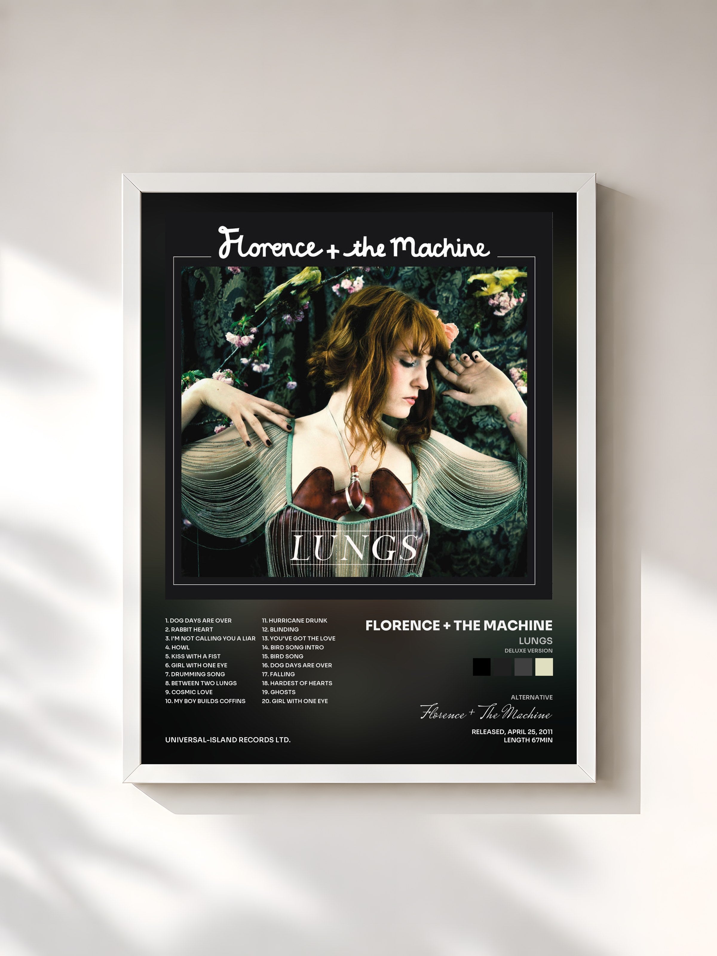 #blanc Tableau de l'album Lungs (Deluxe Version) de Florence + The Machine, cadre blanc, imprimé et encadré en France