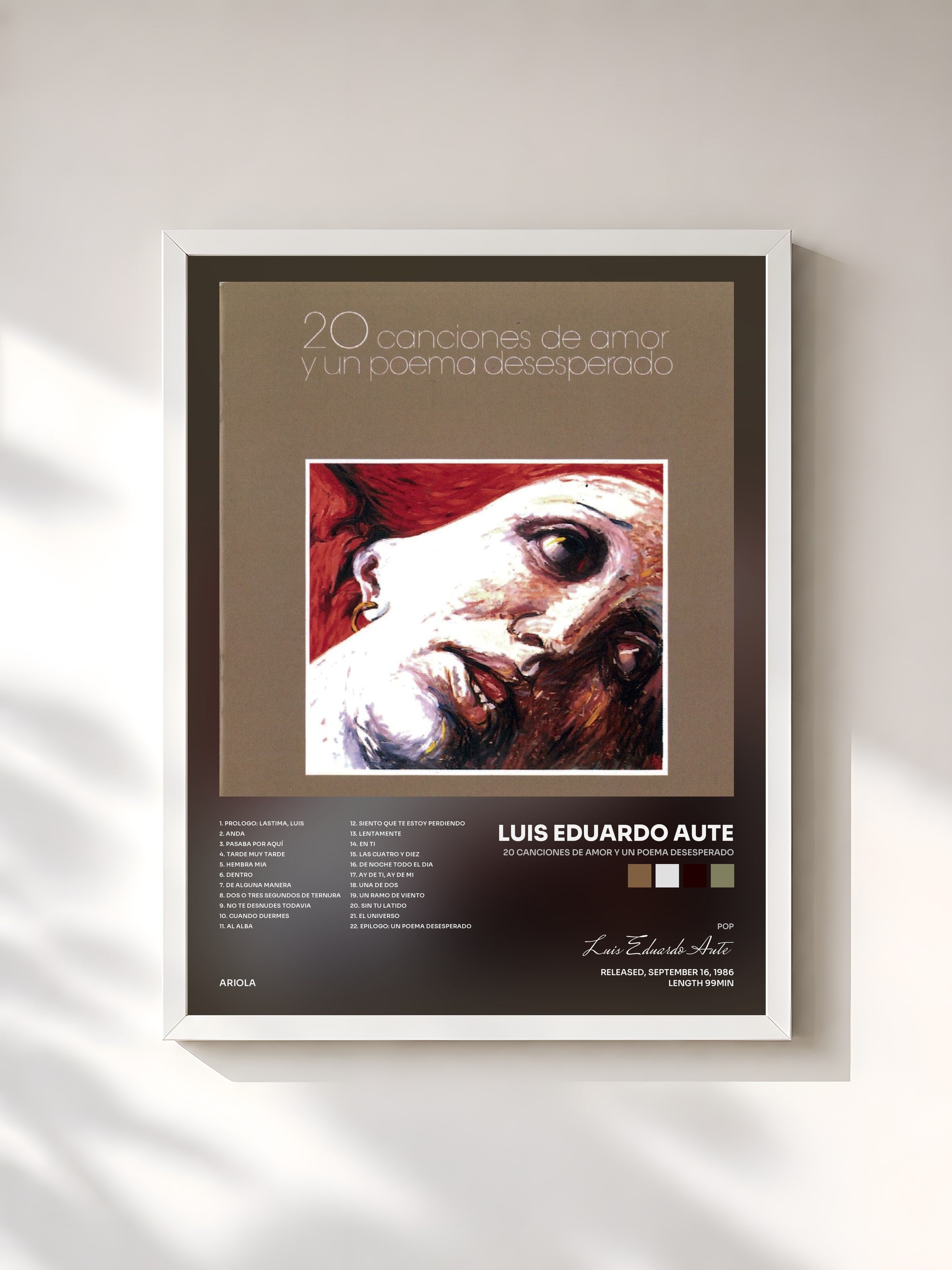 #blanc Tableau de l'album 20 Canciones De Amor Y Un Poema Desesperado de Luis Eduardo Aute, cadre blanc, imprimé et encadré en France