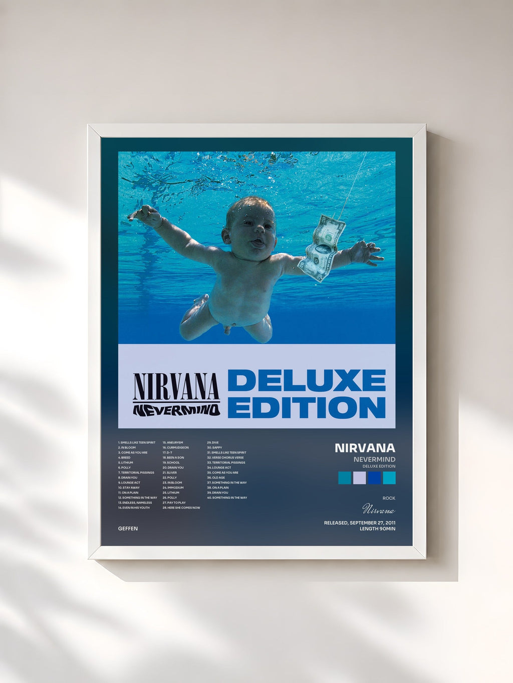 #blanc Tableau de l'album Nevermind (Deluxe Edition) de Nirvana, cadre blanc, imprimé et encadré en France
