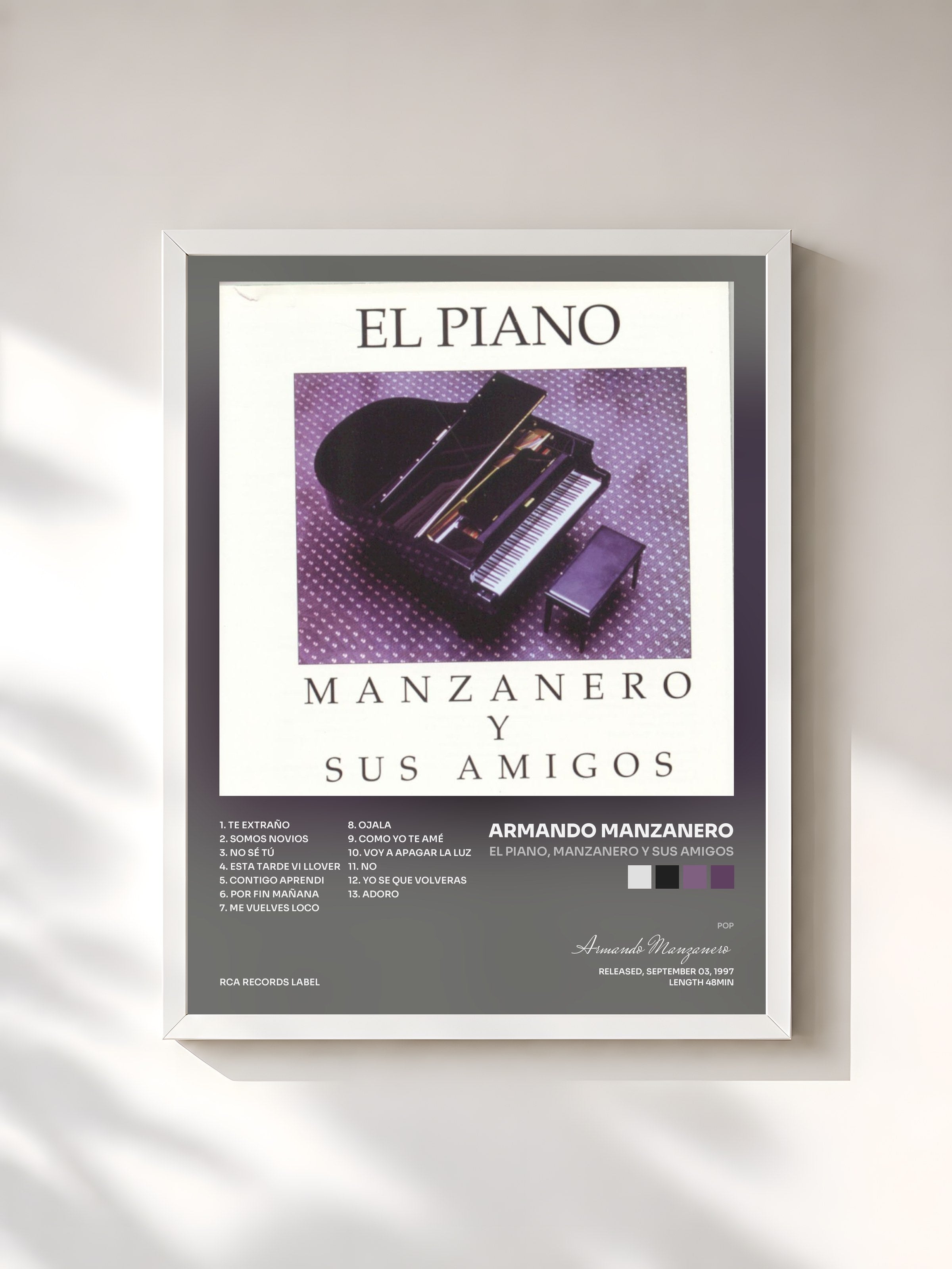 #blanc Tableau de l'album El Piano, Manzanero Y Sus Amigos de Armando Manzanero, cadre blanc, imprimé et encadré en France