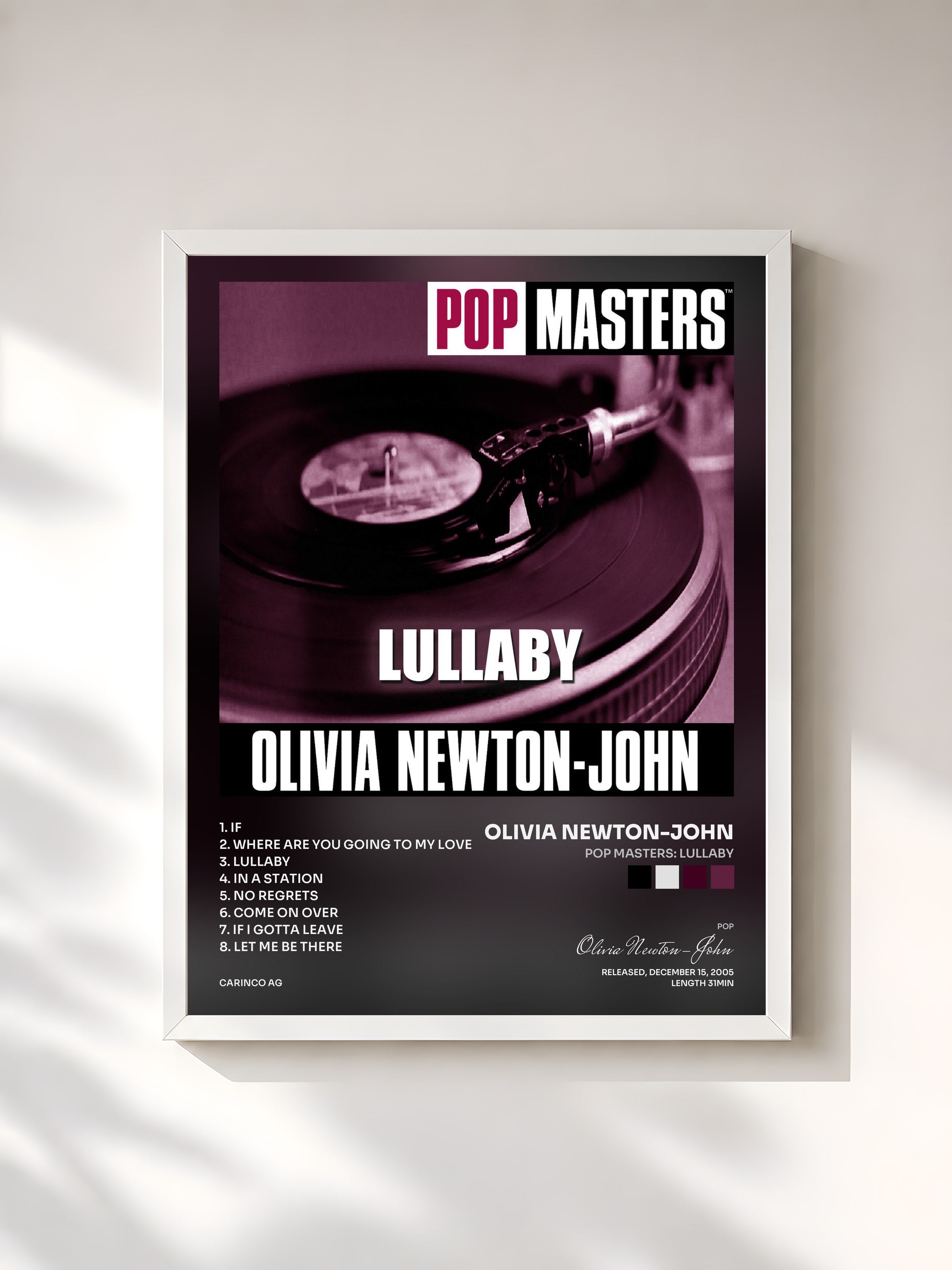 #blanc Tableau de l'album Pop Masters: Lullaby de Olivia Newton-John, cadre blanc, imprimé et encadré en France