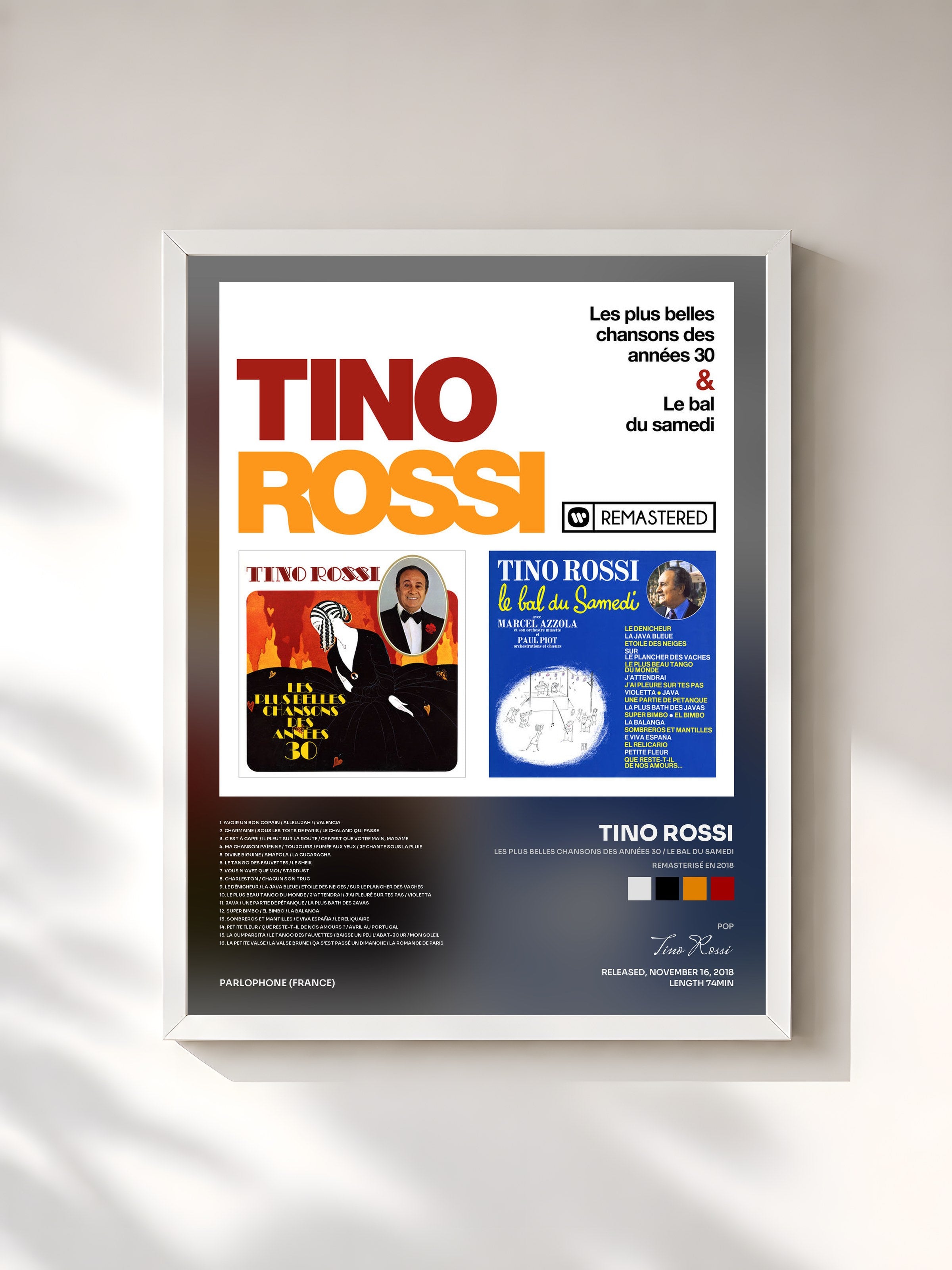 #blanc Tableau de l'album Les plus belles chansons des années 30 / Le bal du samedi (Remasterisé en 2018) de Tino Rossi, cadre blanc, imprimé et encadré en France