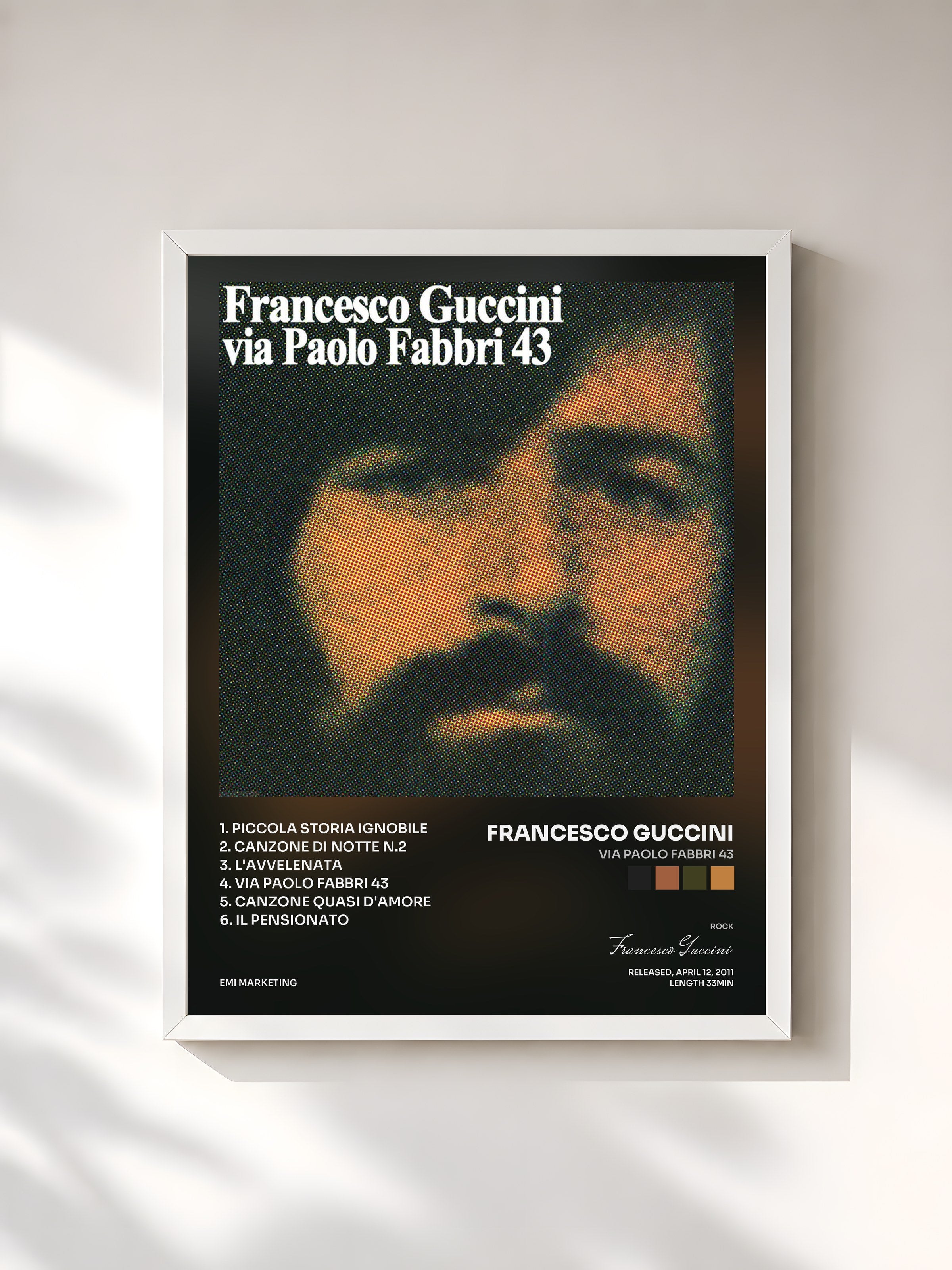 #blanc Tableau de l'album Via Paolo Fabbri 43 de Francesco Guccini, cadre blanc, imprimé et encadré en France