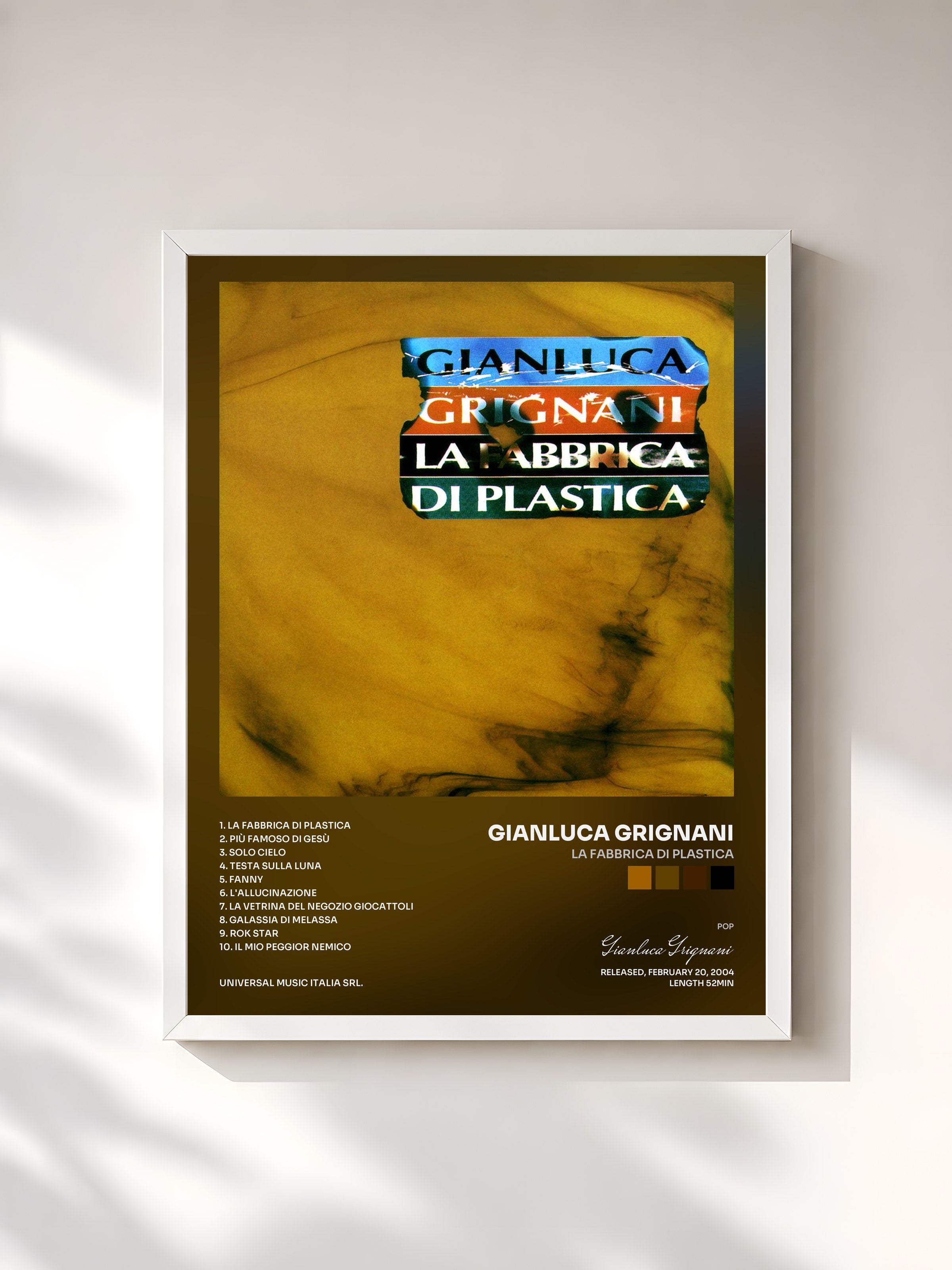 #blanc Tableau de l'album La Fabbrica Di Plastica de Gianluca Grignani, cadre blanc, imprimé et encadré en France