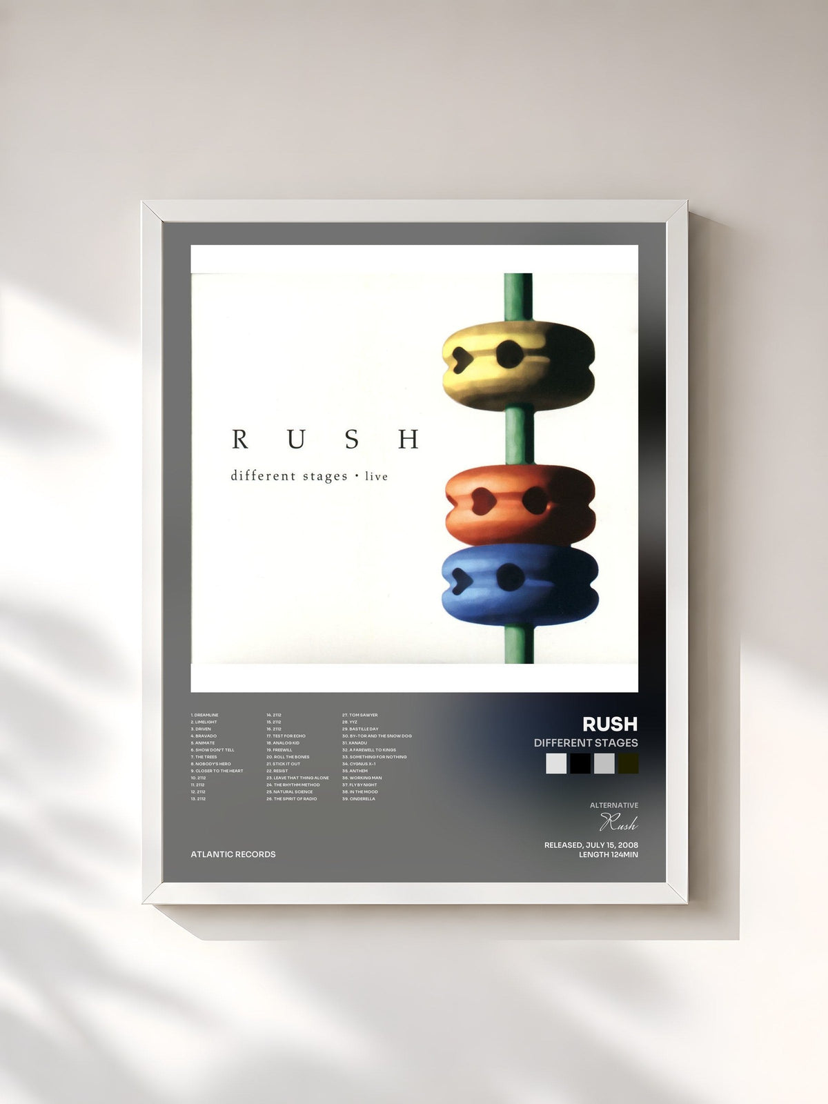 #blanc Tableau de l'album Different Stages de Rush, cadre blanc, imprimé et encadré en France