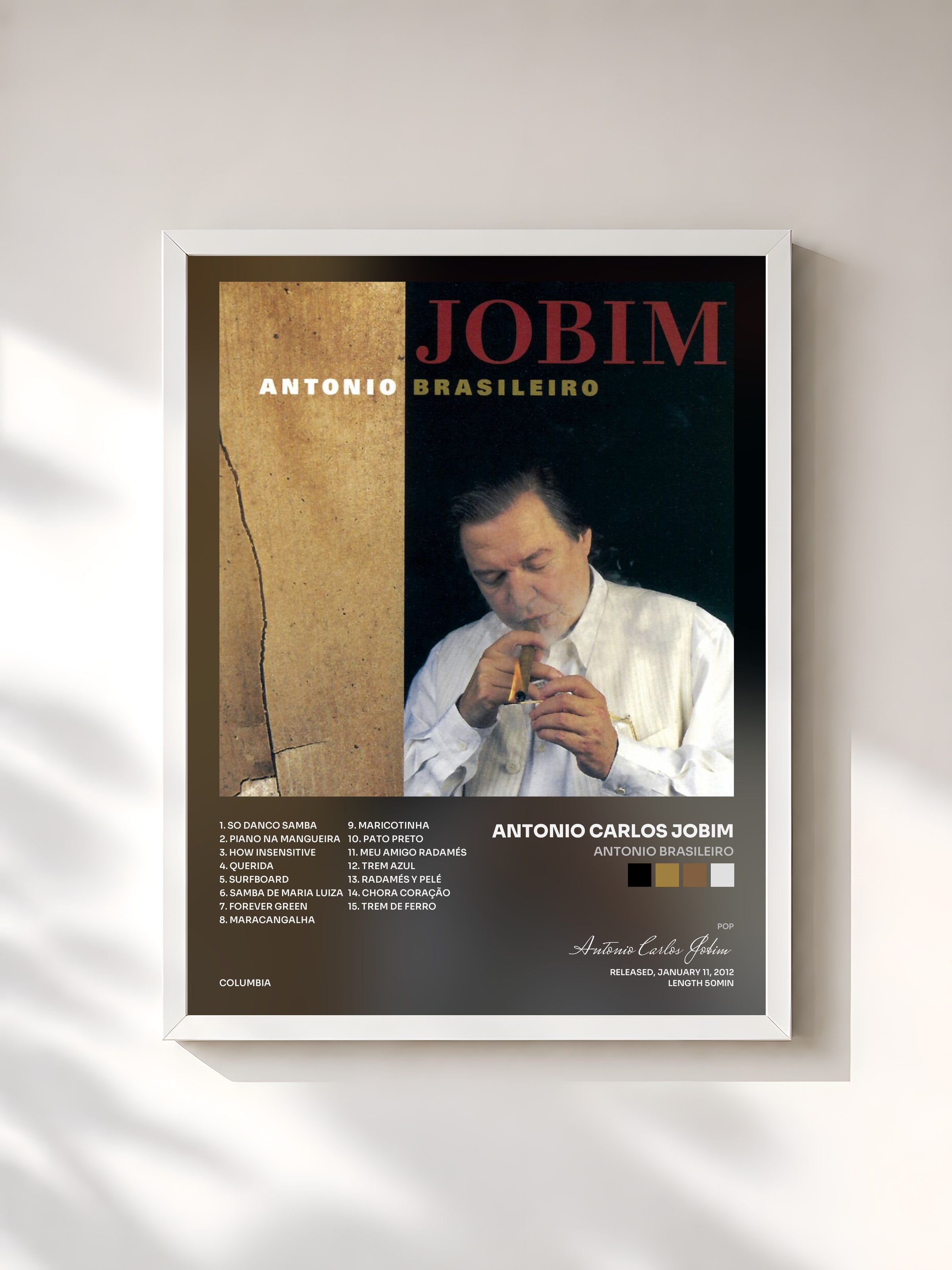 #blanc Tableau de l'album Antonio Brasileiro de Antonio Carlos Jobim, cadre blanc, imprimé et encadré en France