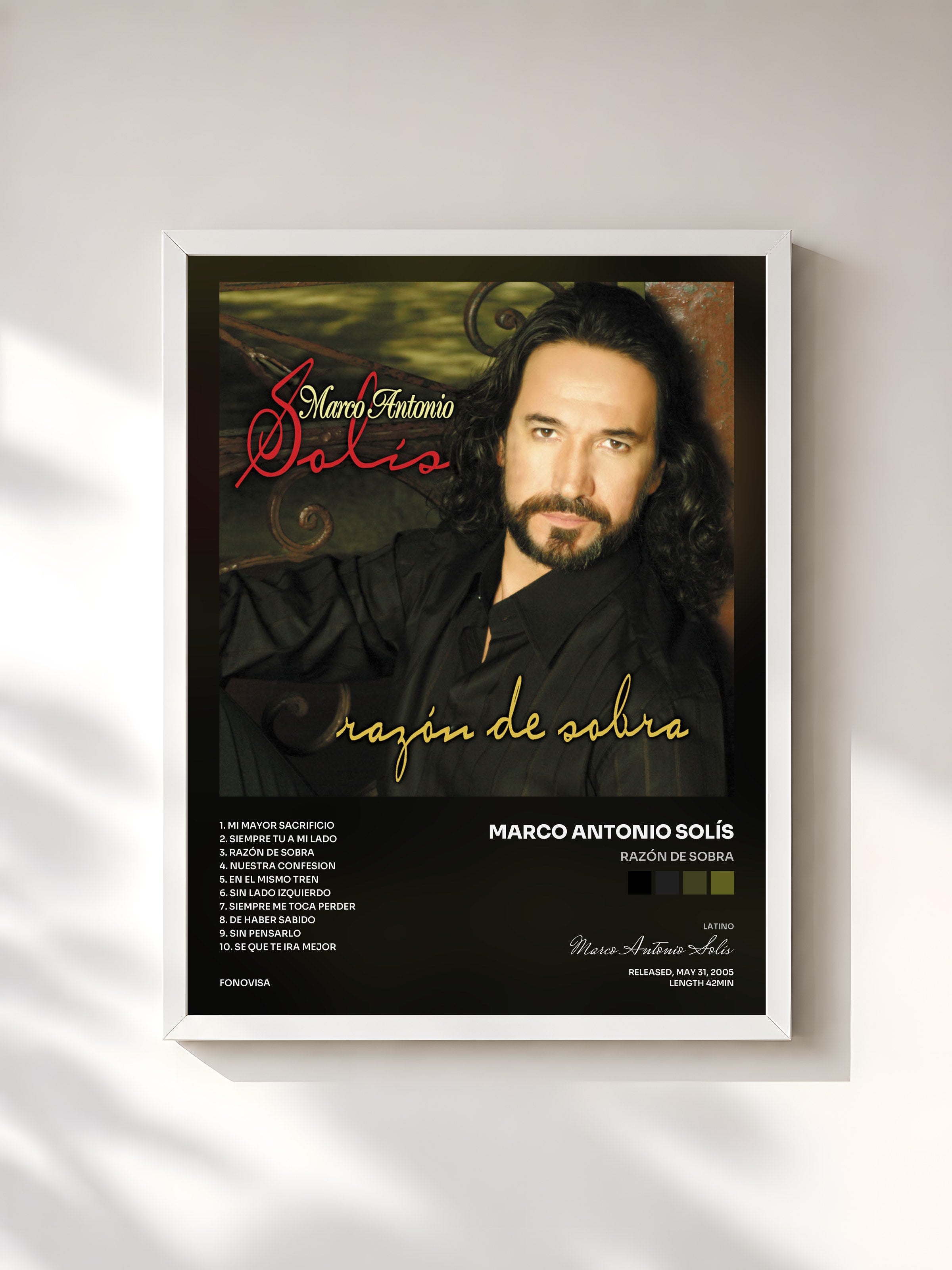 #blanc Tableau de l'album Razón De Sobra de Marco Antonio Solís, cadre blanc, imprimé et encadré en France