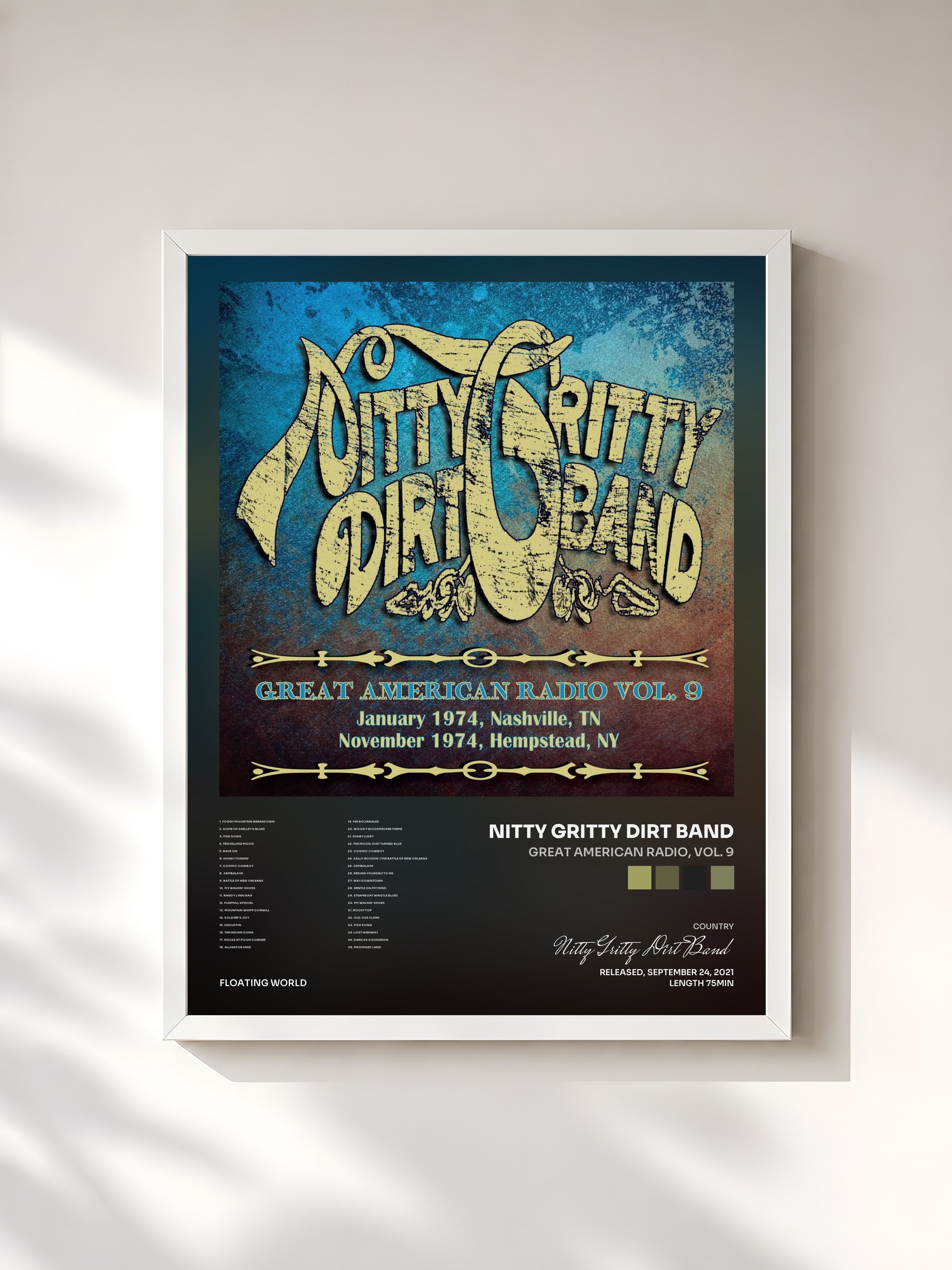#blanc Tableau de l'album Great American Radio, Vol. 9 de Nitty Gritty Dirt Band, cadre blanc, imprimé et encadré en France