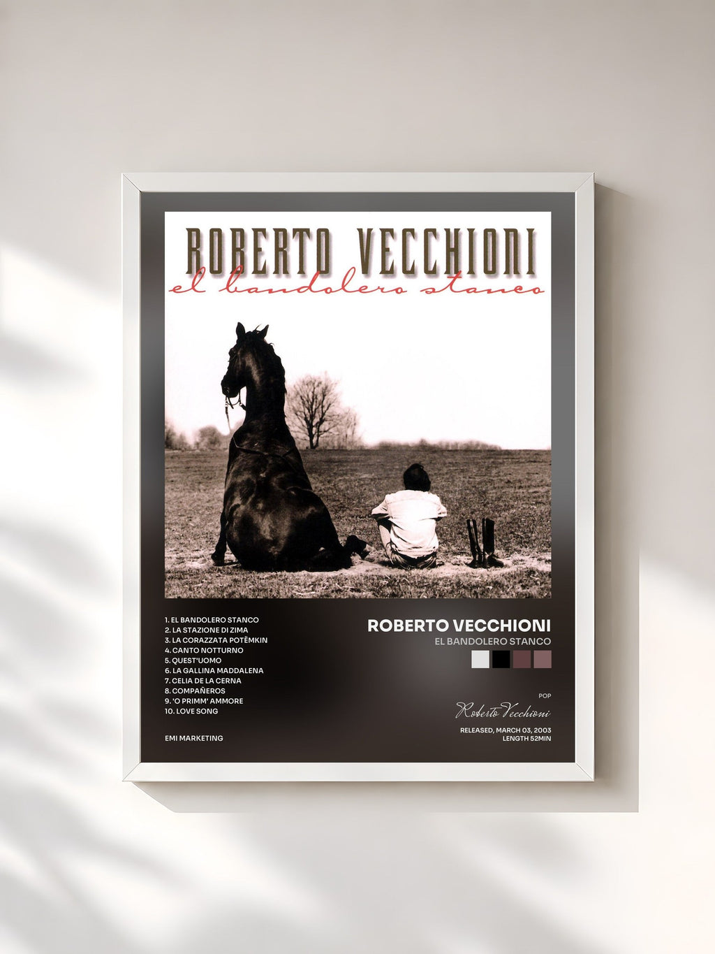 #blanc El Bandolero Stanco by Roberto Vecchioni as a framed art print, white frame, printed and framed in France