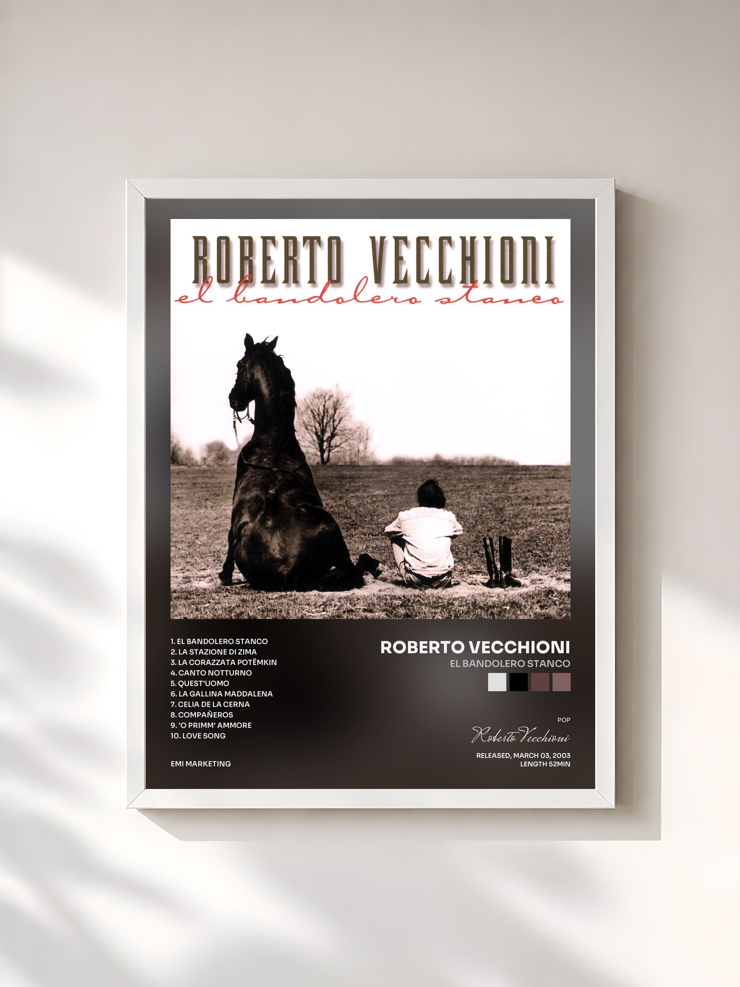 #blanc Tableau de l'album El Bandolero Stanco de Roberto Vecchioni, cadre blanc, imprimé et encadré en France