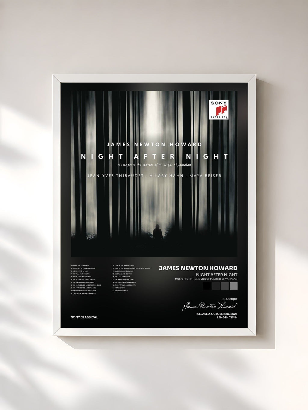 #blanc Night After Night (Music from the Movies of M. Night Shyamalan) by James Newton Howard as a framed art print, white frame, printed and framed in France