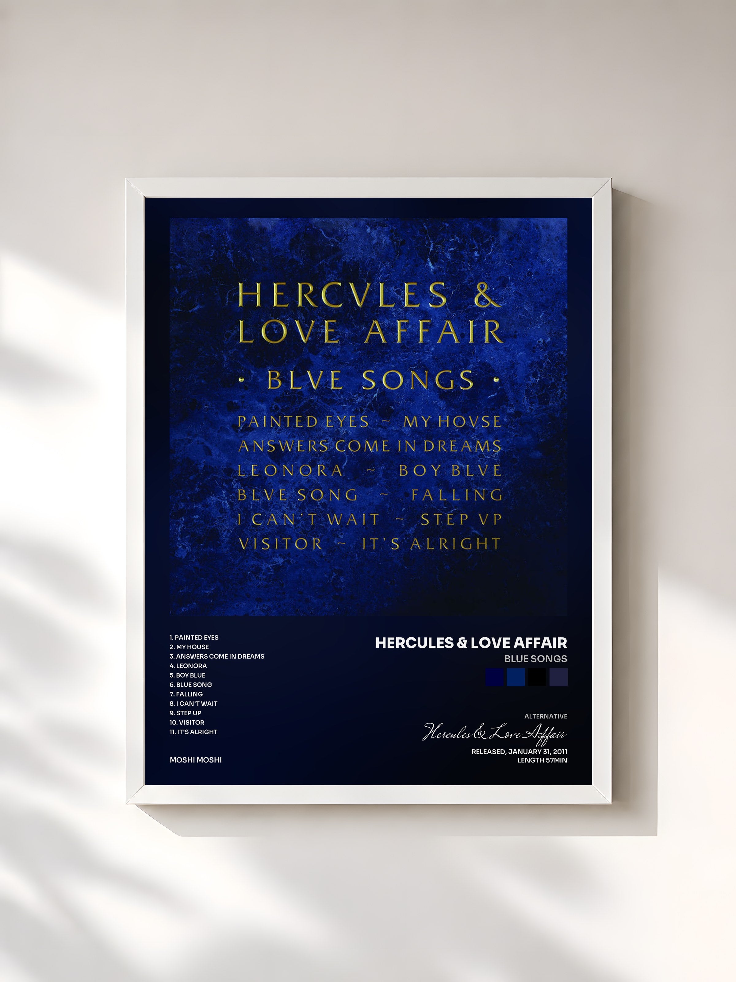#blanc Tableau de l'album Blue Songs de Hercules & Love Affair, cadre blanc, imprimé et encadré en France