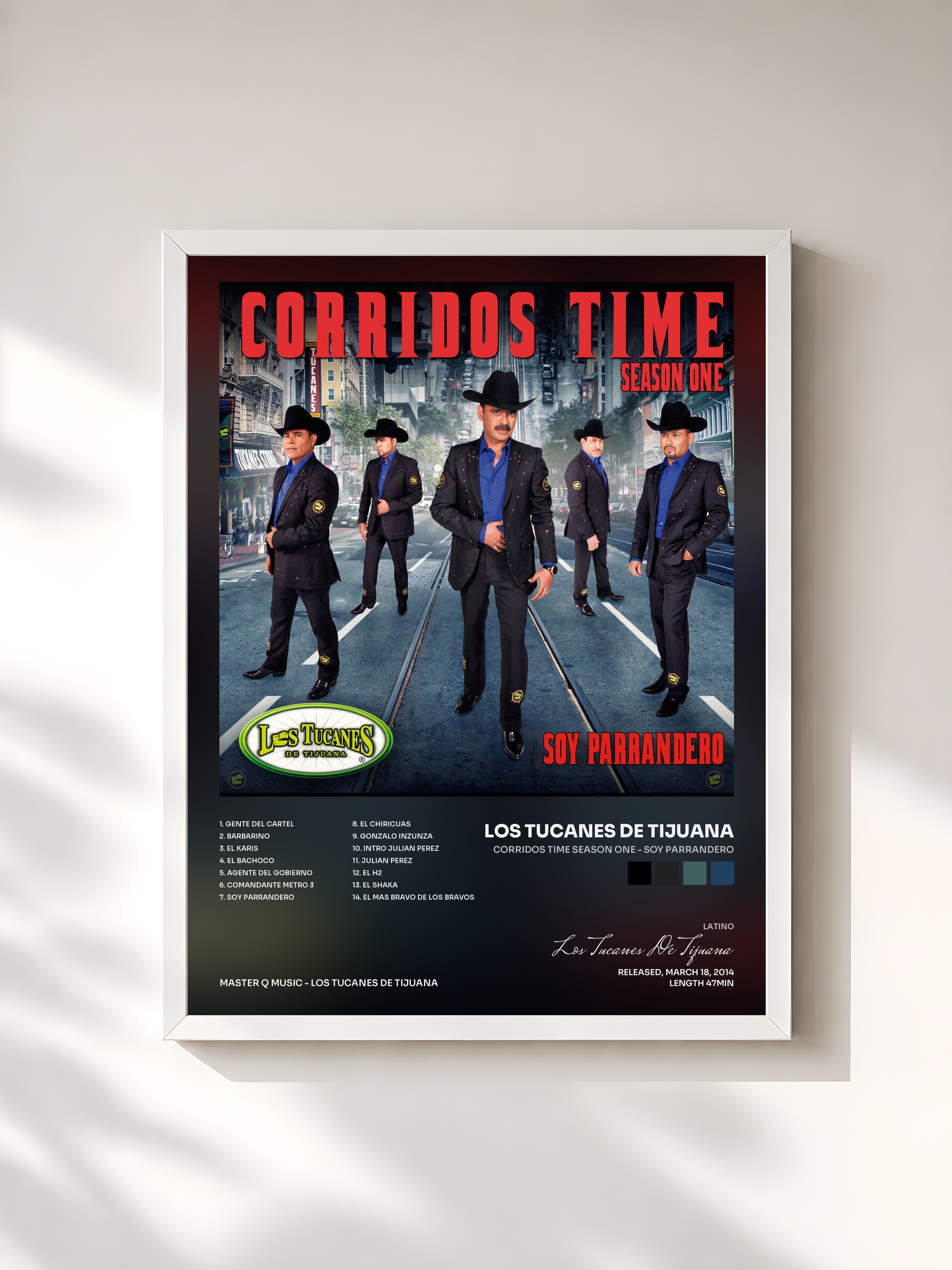 #blanc Tableau de l'album Corridos Time Season One - Soy Parrandero de Los Tucanes De Tijuana, cadre blanc, imprimé et encadré en France