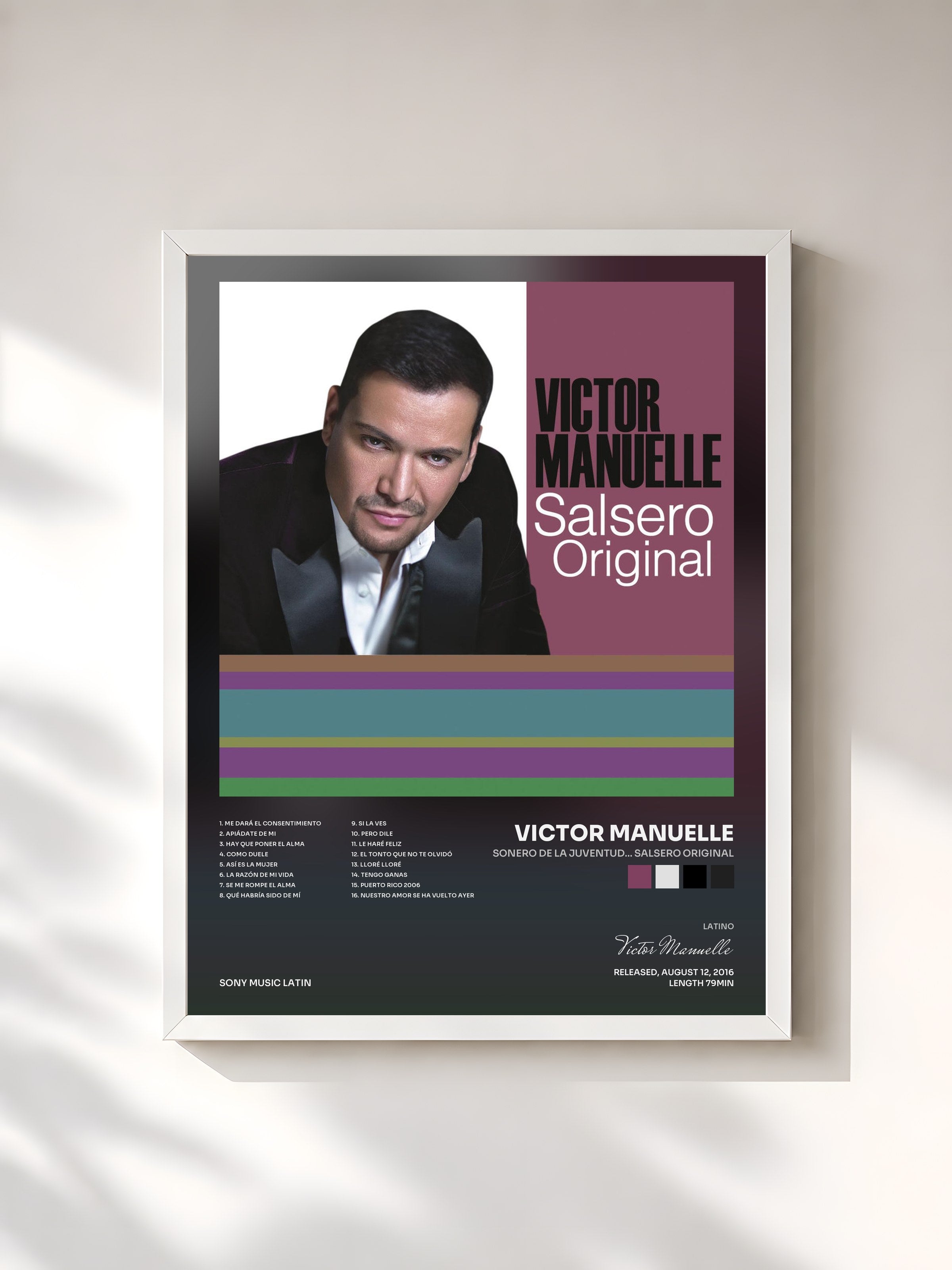 #blanc Tableau de l'album Sonero de la Juventud... Salsero Original de Victor Manuelle, cadre blanc, imprimé et encadré en France
