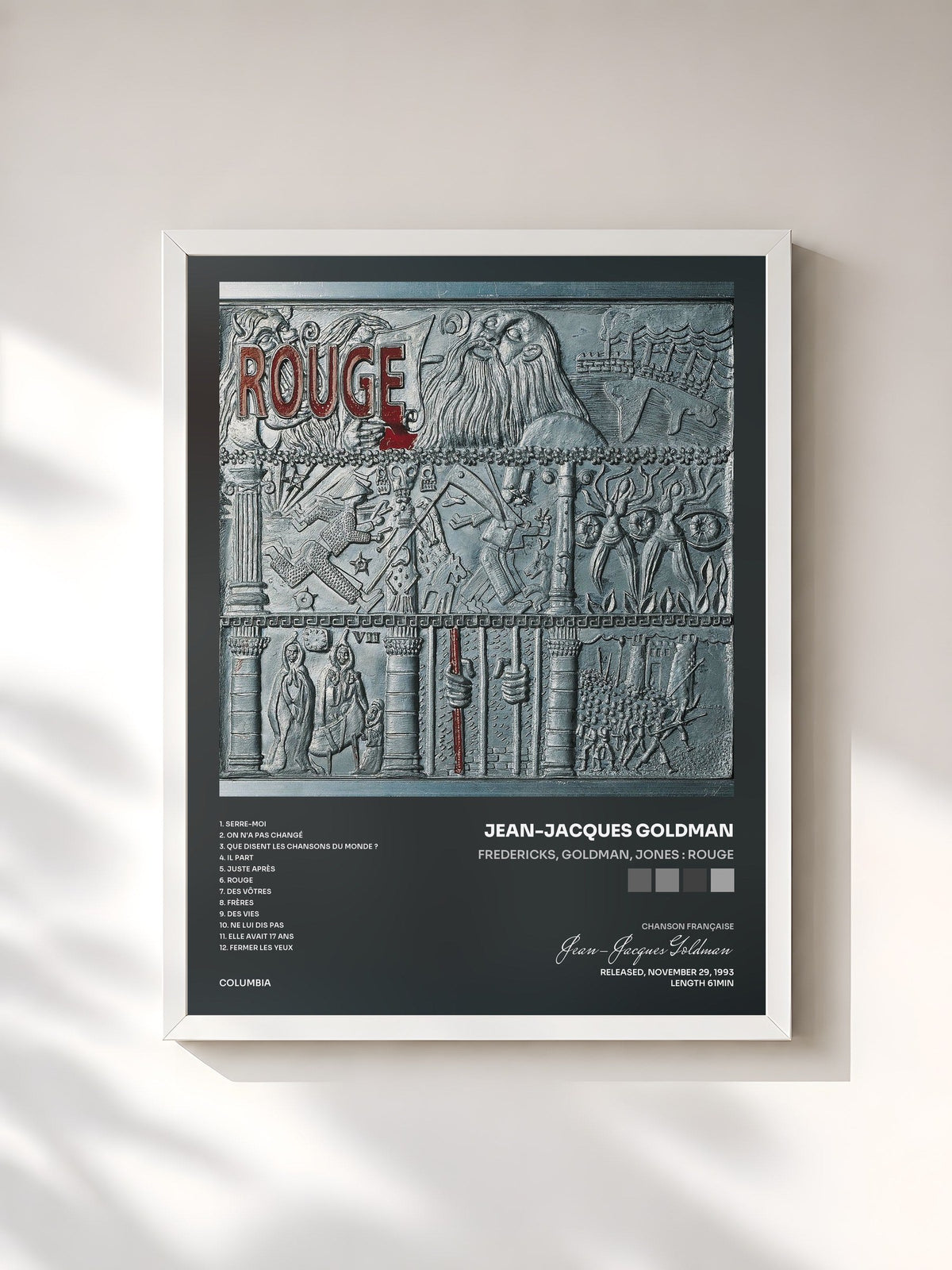 #blanc Tableau de l'album Fredericks, Goldman, Jones : Rouge de Jean-Jacques Goldman, cadre blanc, imprimé et encadré en France
