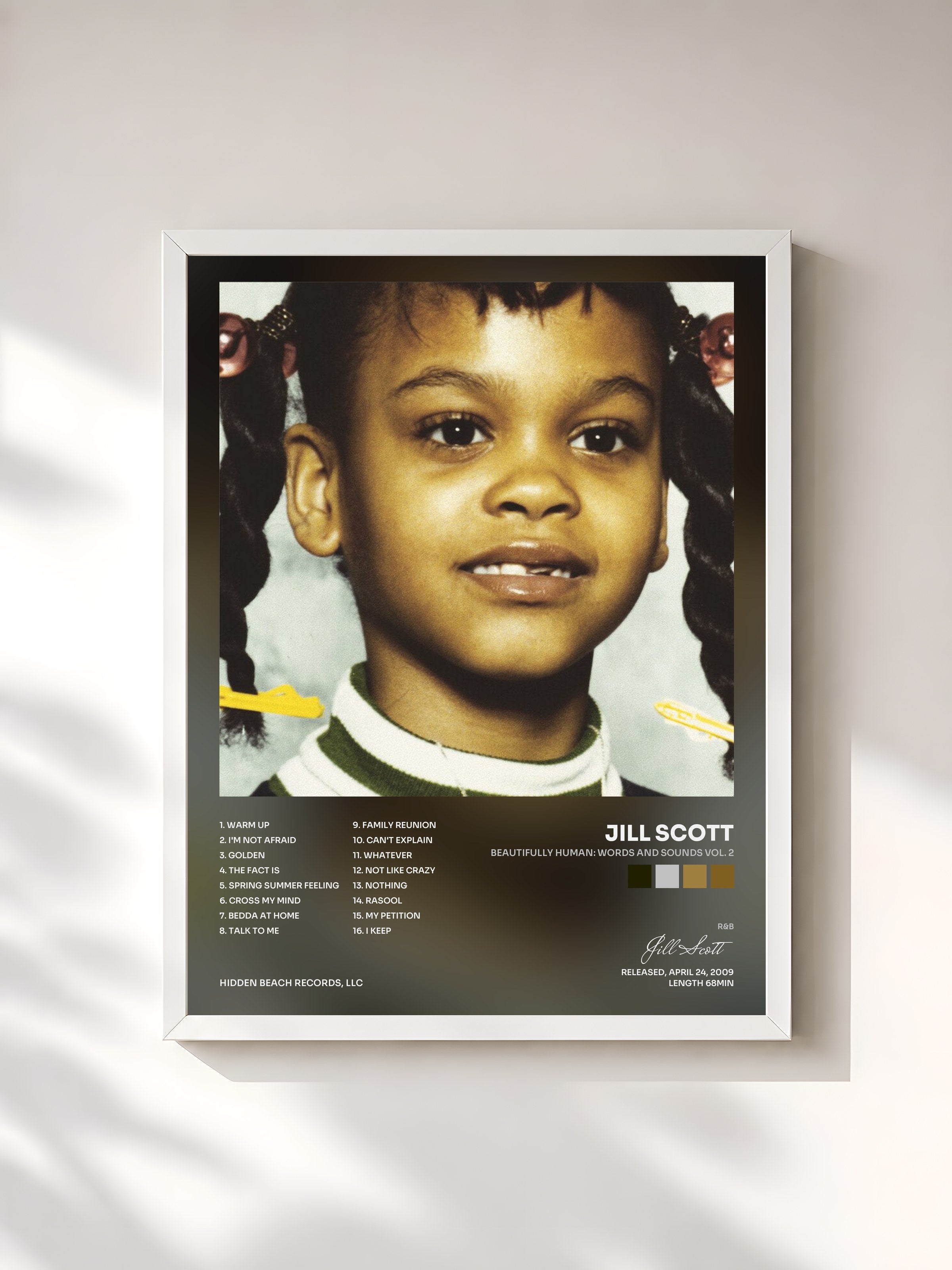 #blanc Tableau de l'album Beautifully Human: Words and Sounds Vol. 2 de Jill Scott, cadre blanc, imprimé et encadré en France