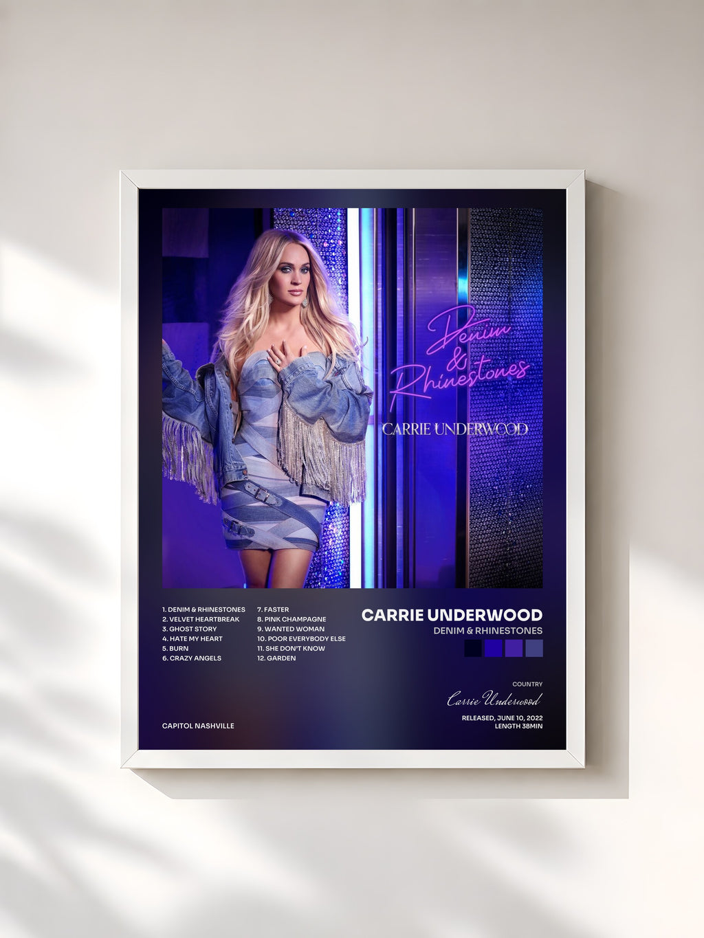 #blanc Tableau de l'album Denim & Rhinestones de Carrie Underwood, cadre blanc, imprimé et encadré en France