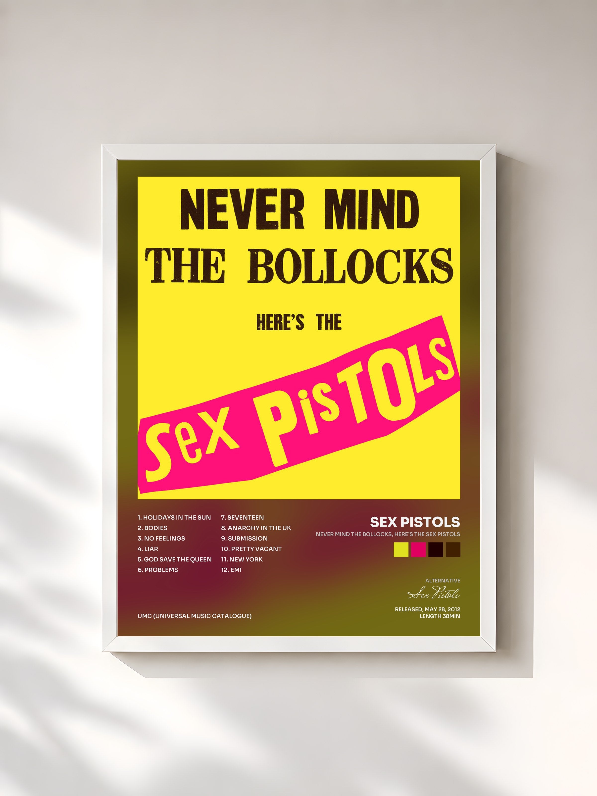 #blanc Tableau de l'album Never Mind The Bollocks, Here’s The Sex Pistols de Sex Pistols, cadre blanc, imprimé et encadré en France