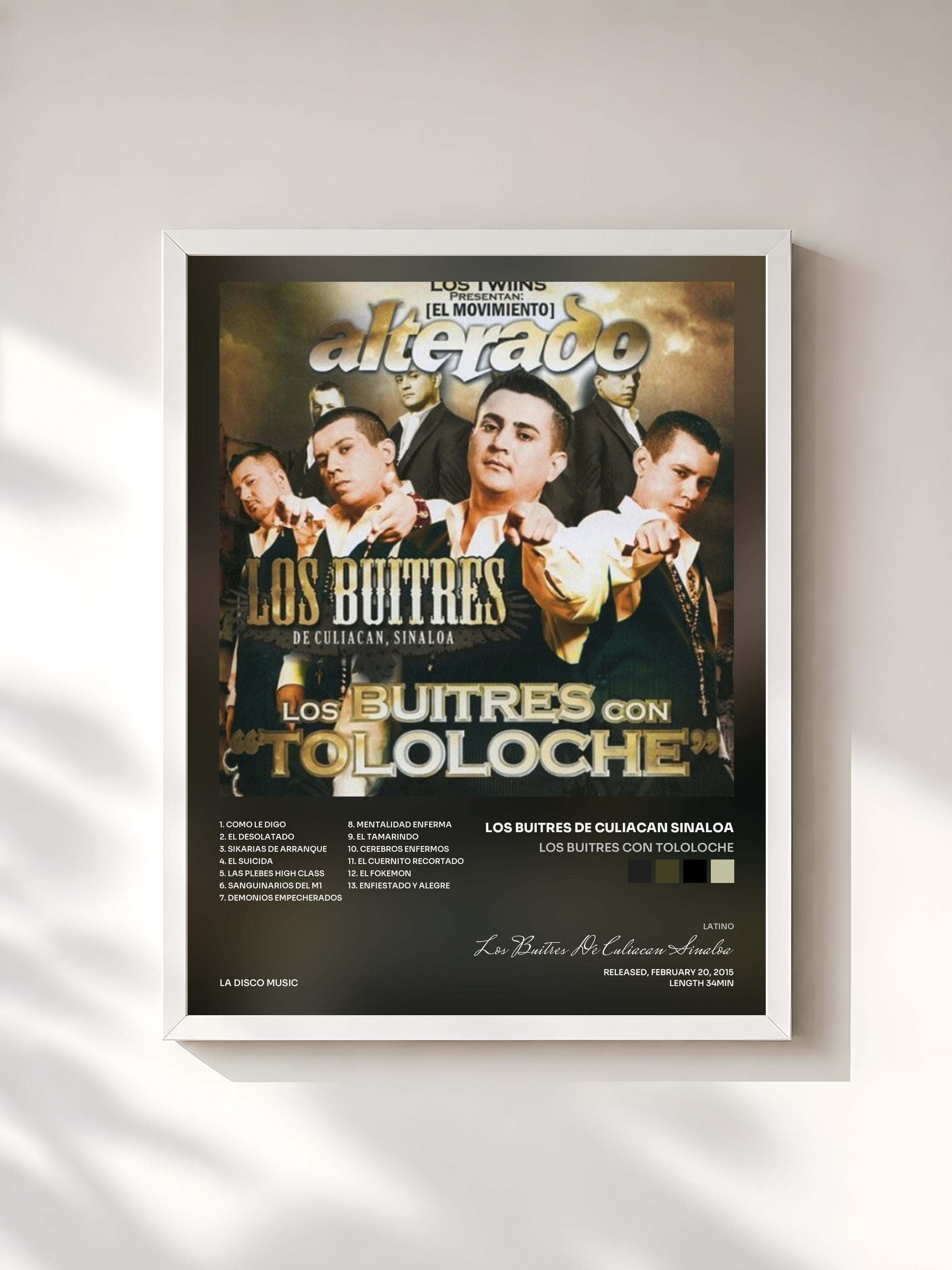 #blanc Tableau de l'album Los Buitres Con Tololoche de Los Buitres De Culiacan Sinaloa, cadre blanc, imprimé et encadré en France
