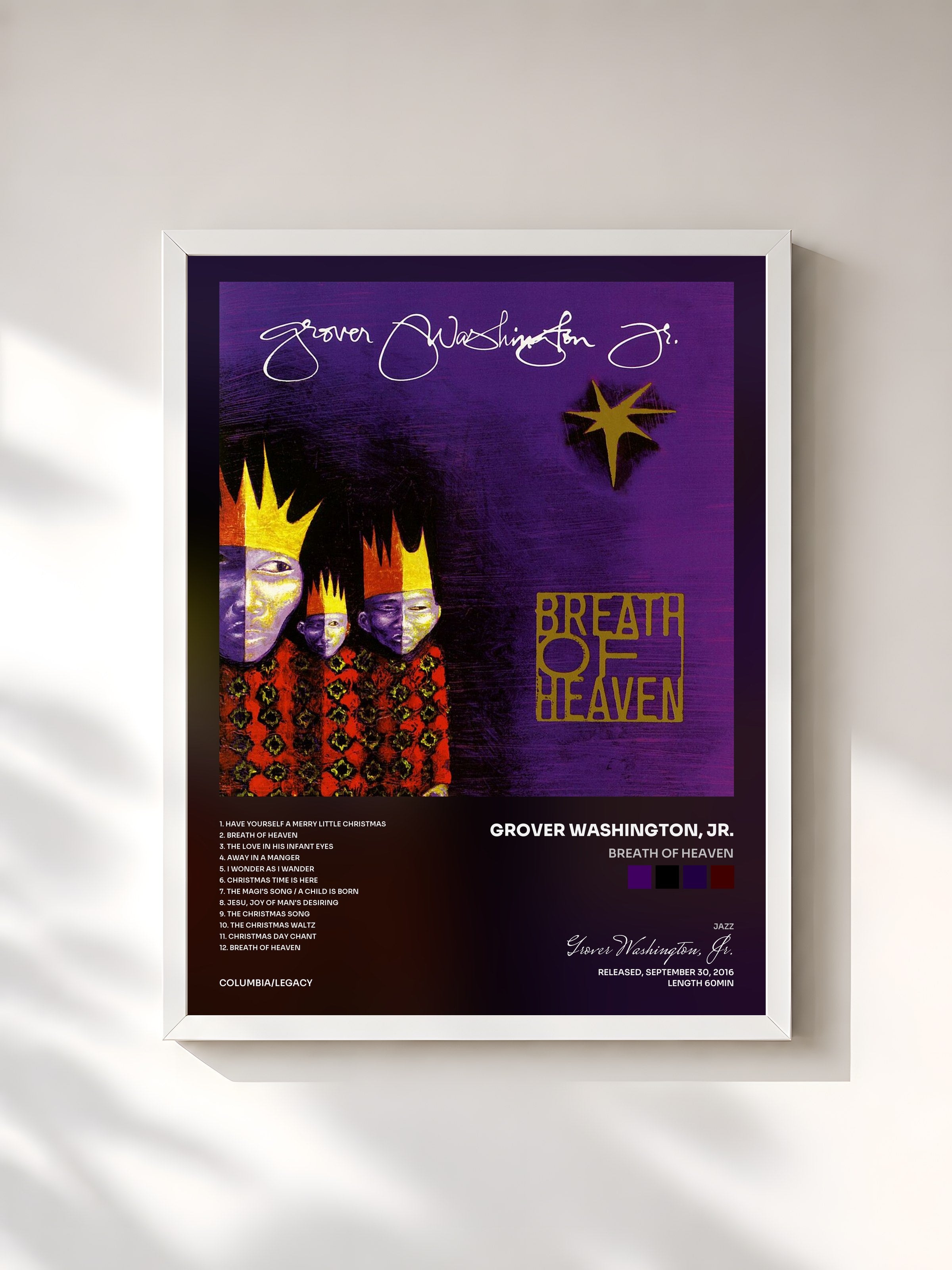 #blanc Tableau de l'album Breath of Heaven de Grover Washington, Jr., cadre blanc, imprimé et encadré en France