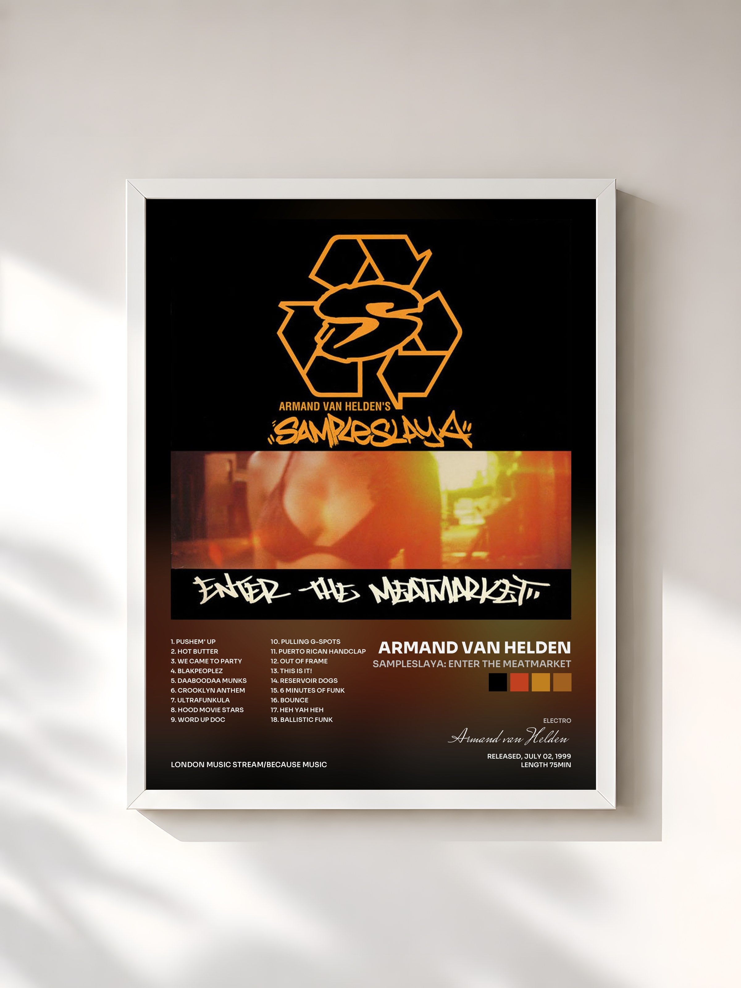 #blanc Tableau de l'album Sampleslaya: Enter The Meatmarket de Armand van Helden, cadre blanc, imprimé et encadré en France