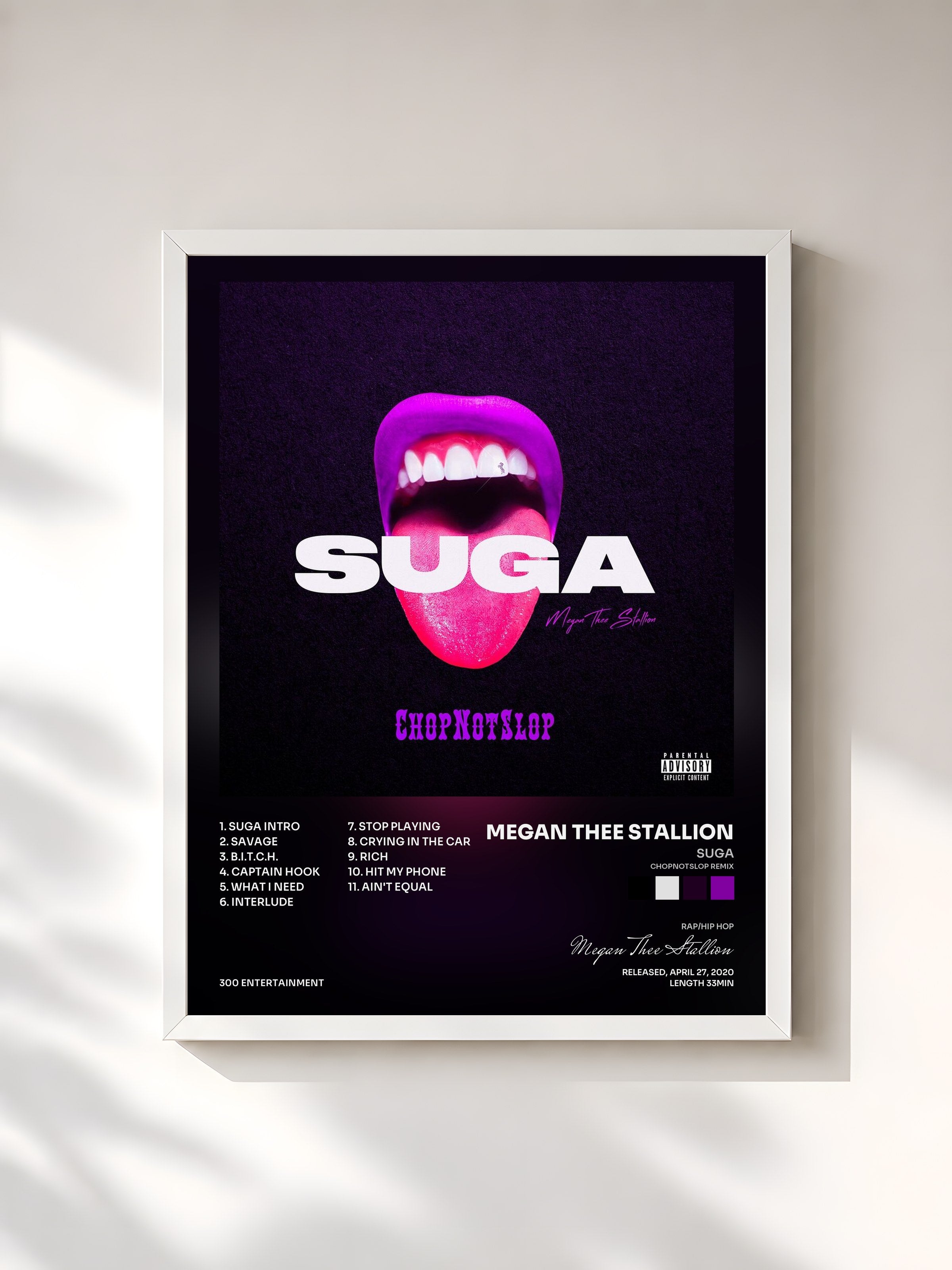 #blanc Tableau de l'album Suga (Chopnotslop Remix) de Megan Thee Stallion, cadre blanc, imprimé et encadré en France