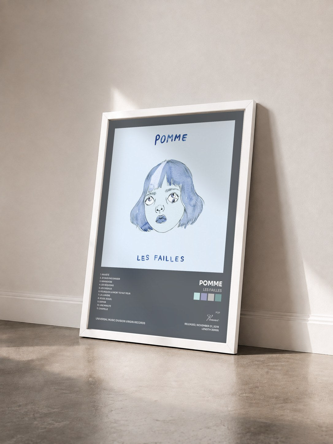 #blanc Tableau de l'album les failles de Pomme vu de trois quarts, cadre blanc
