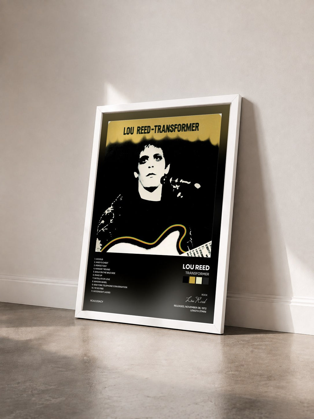 #blanc Tableau de l'album Transformer de Lou Reed vu de trois quarts, cadre blanc
