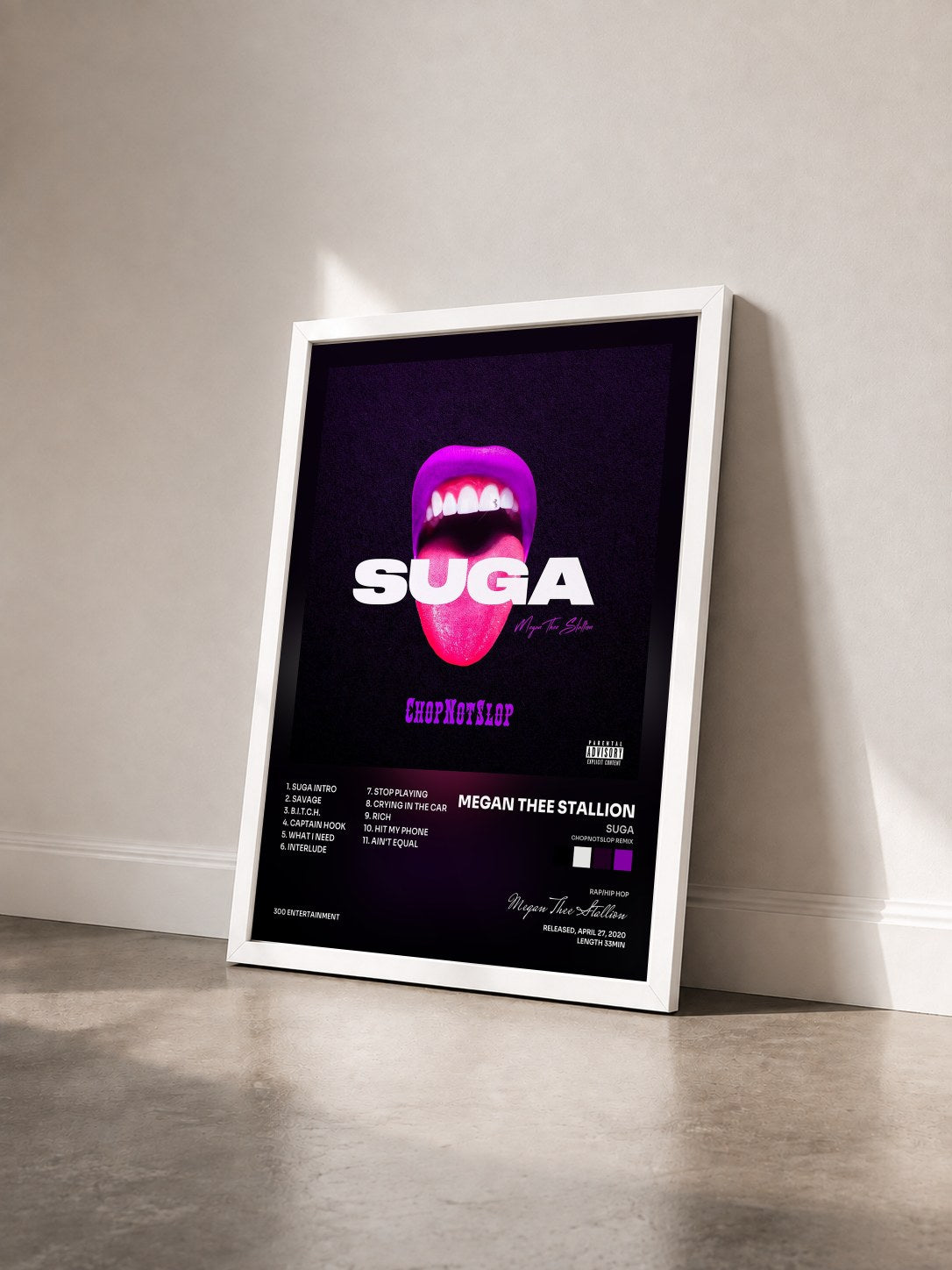 #blanc Tableau de l'album Suga (Chopnotslop Remix) de Megan Thee Stallion vu de trois quarts, cadre blanc