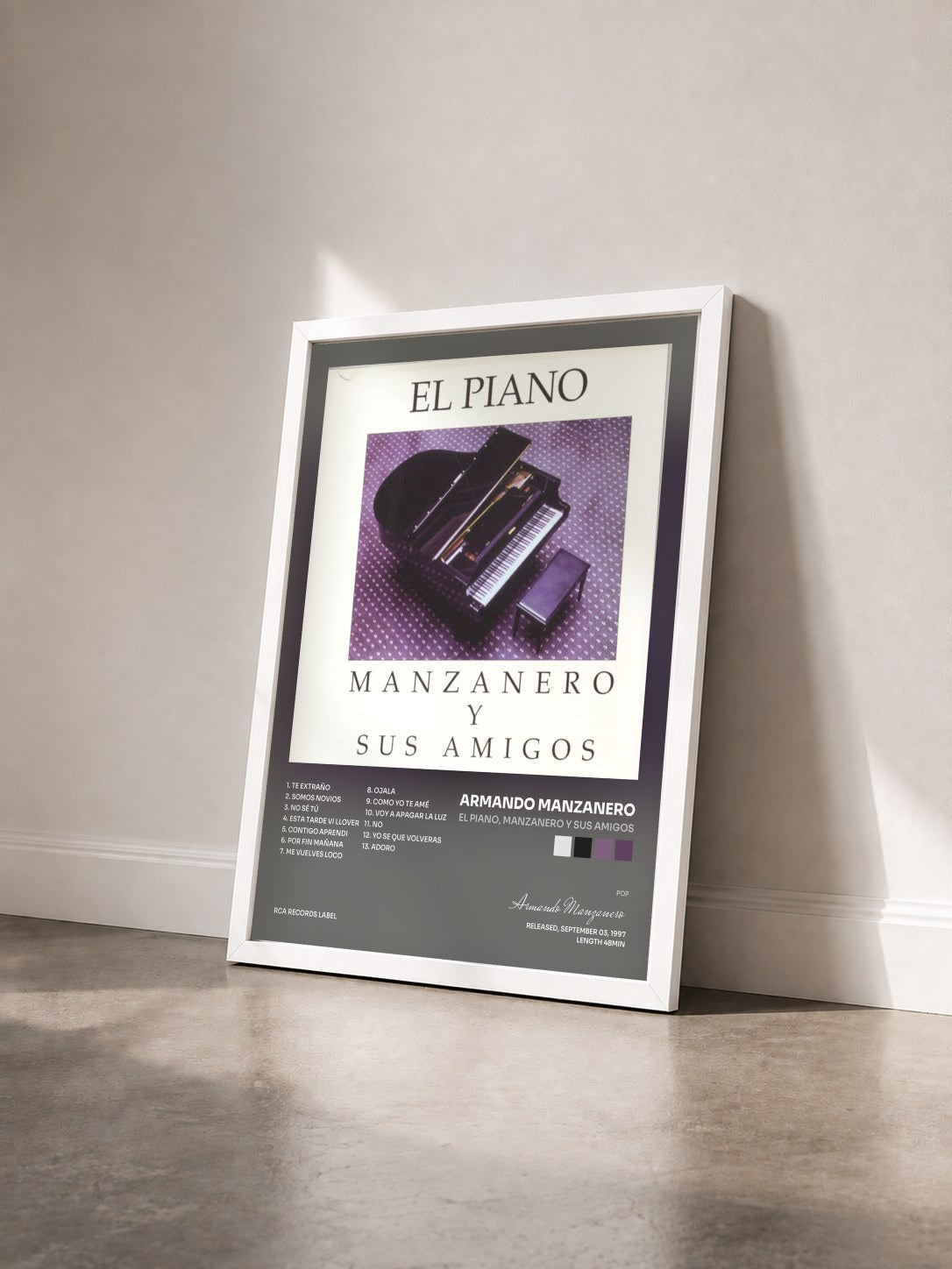#blanc Tableau de l'album El Piano, Manzanero Y Sus Amigos de Armando Manzanero vu de trois quarts, cadre blanc