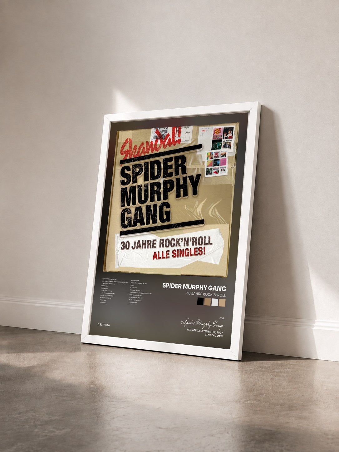 #blanc Tableau de l'album 30 Jahre Rock'n'Roll de Spider Murphy Gang vu de trois quarts, cadre blanc