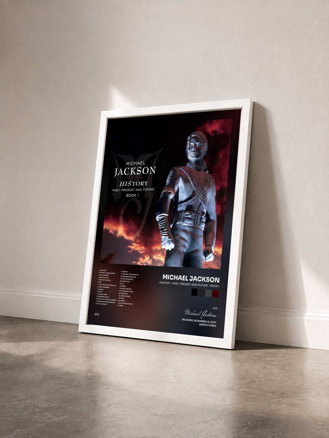 #blanc Tableau de l'album HIStory - PAST, PRESENT AND FUTURE - BOOK I de Michael Jackson vu de trois quarts, cadre blanc