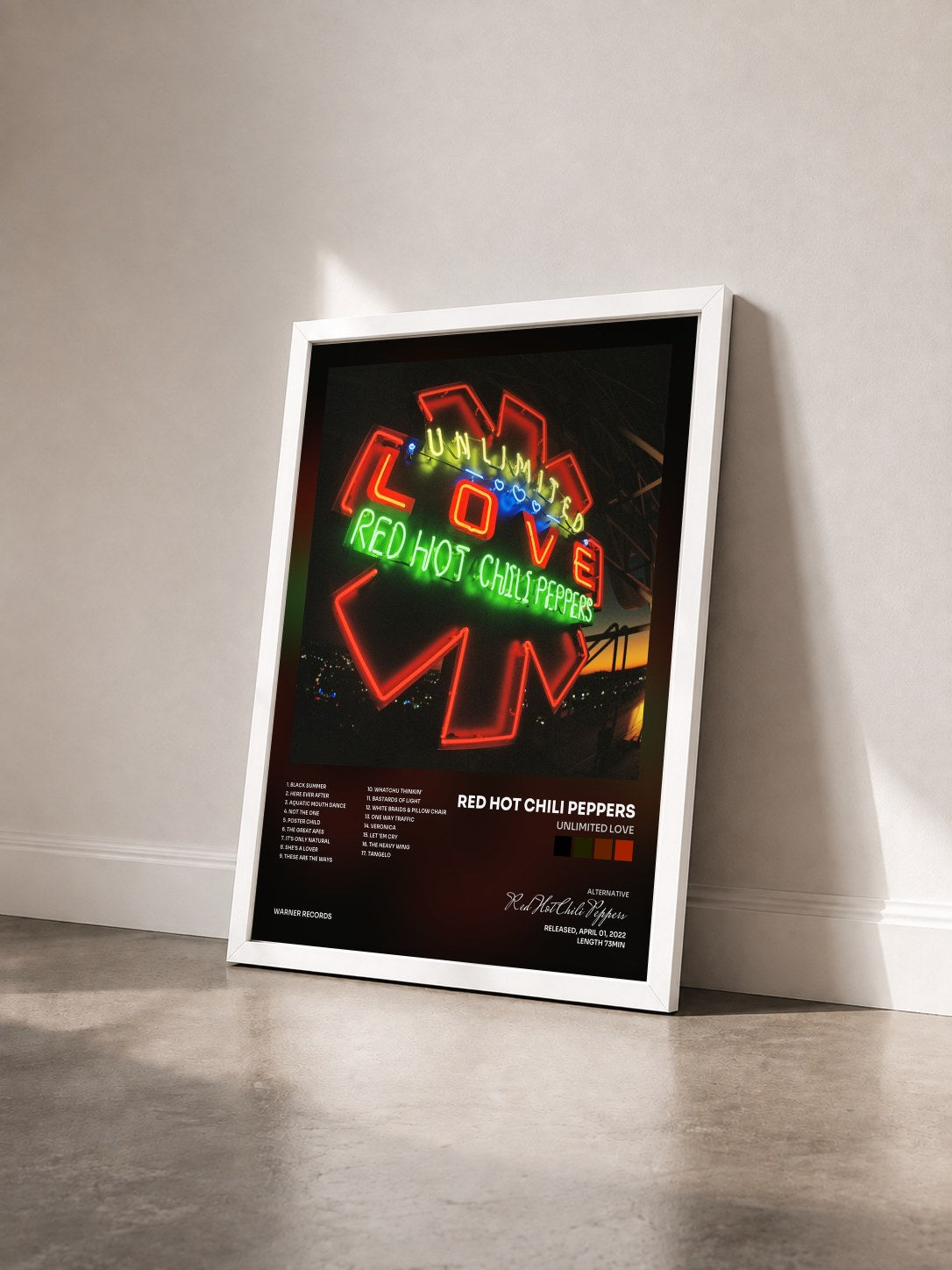 #blanc Unlimited Love by Red Hot Chili Peppers as a framed art print seen at an angle, white frame