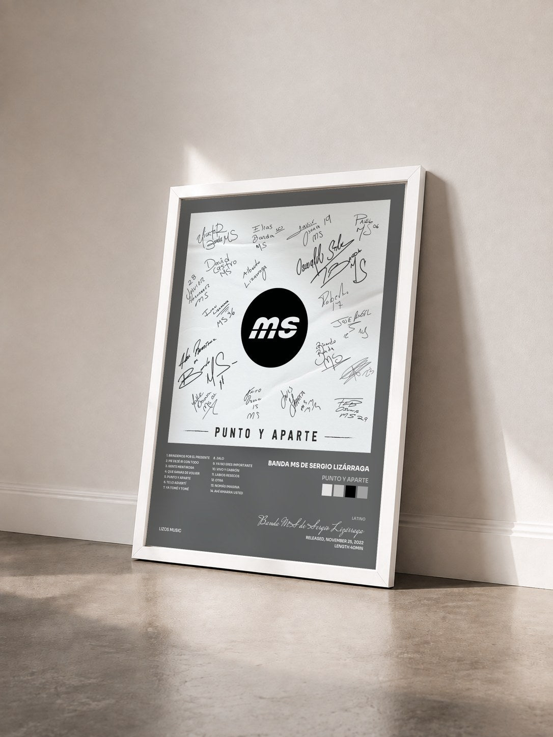 #blanc Tableau de l'album PUNTO Y APARTE de Banda MS de Sergio Lizárraga vu de trois quarts, cadre blanc