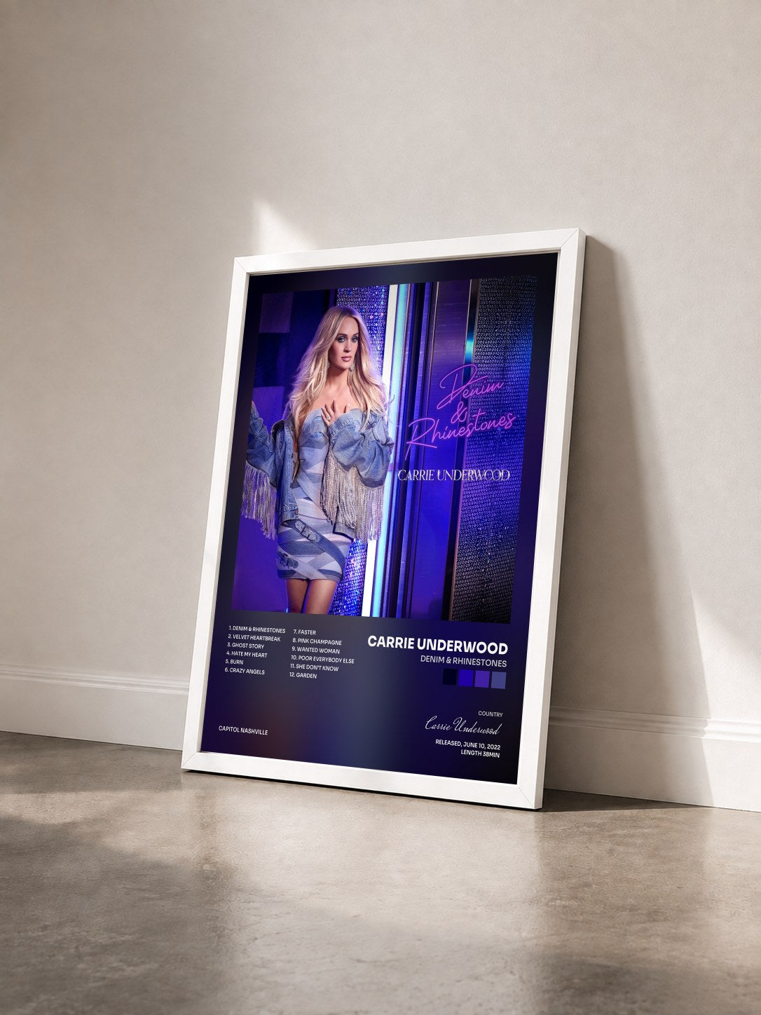 #blanc Tableau de l'album Denim & Rhinestones de Carrie Underwood vu de trois quarts, cadre blanc