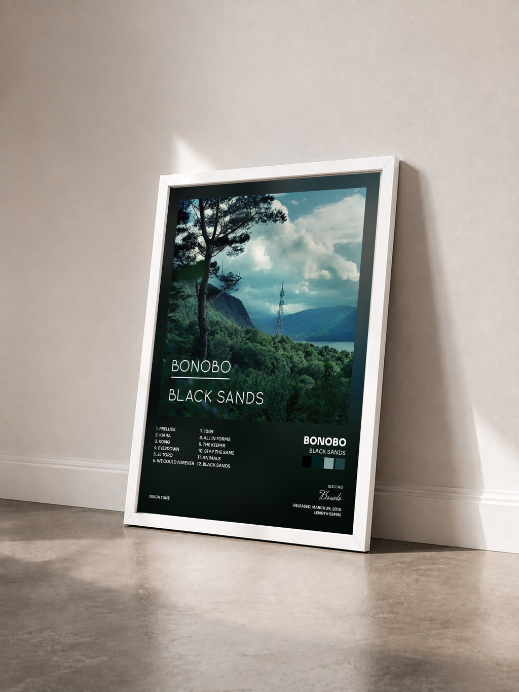 #blanc Tableau de l'album Black Sands de Bonobo vu de trois quarts, cadre blanc