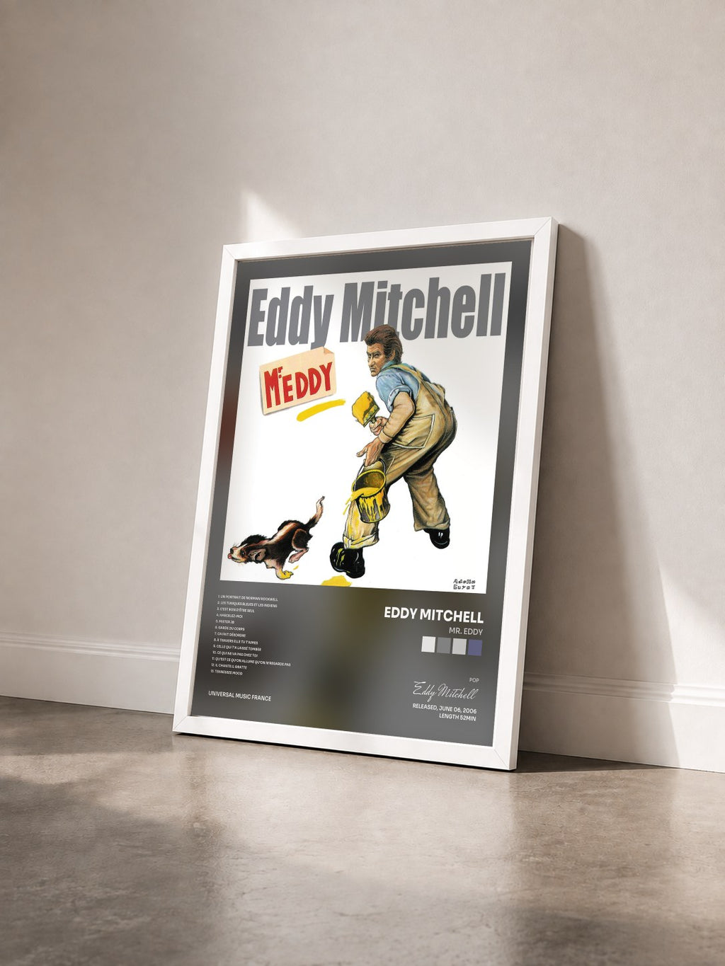 #blanc Mr. Eddy von Eddy Mitchell als gerahmter Kunstdruck von schräg gesehen, weißer Rahmen