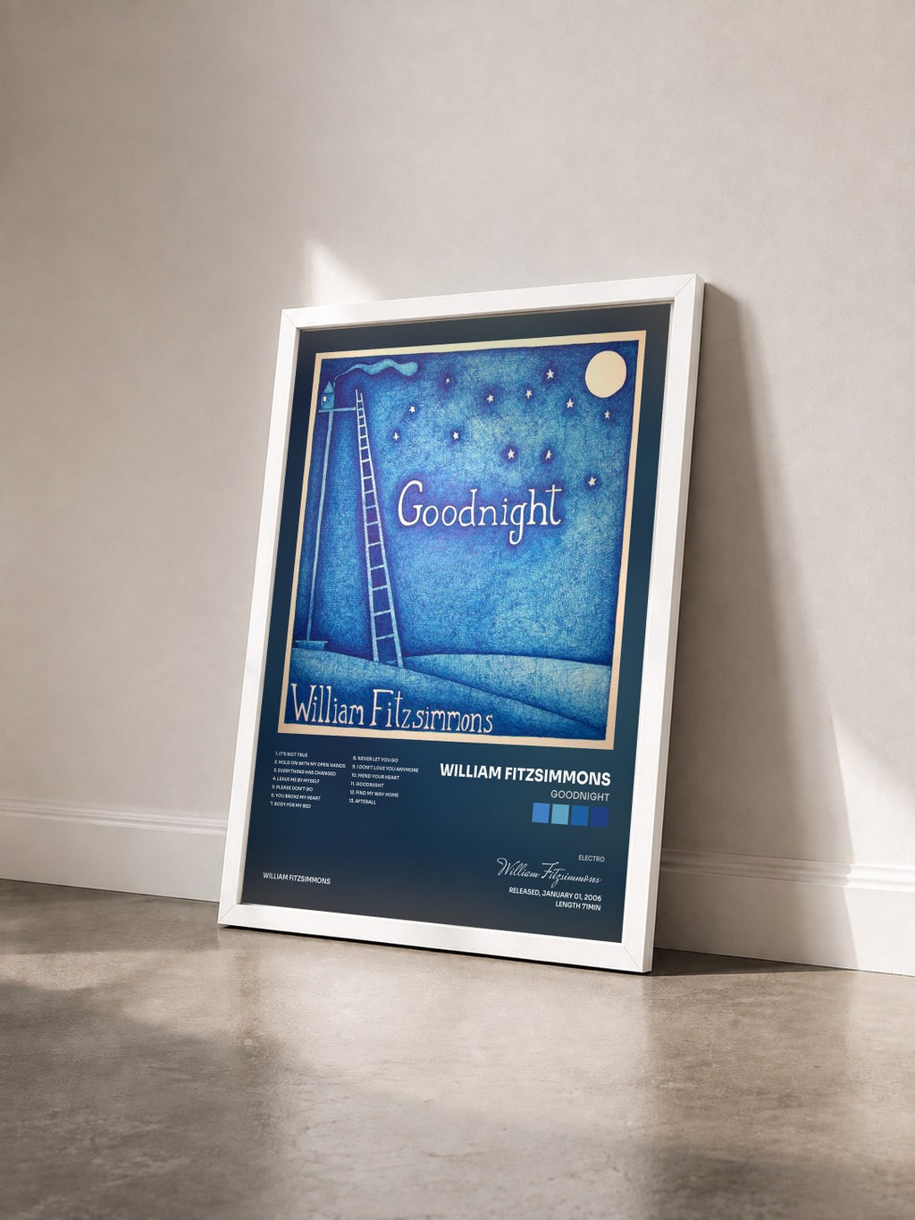 #blanc Tableau de l'album Goodnight de William Fitzsimmons vu de trois quarts, cadre blanc