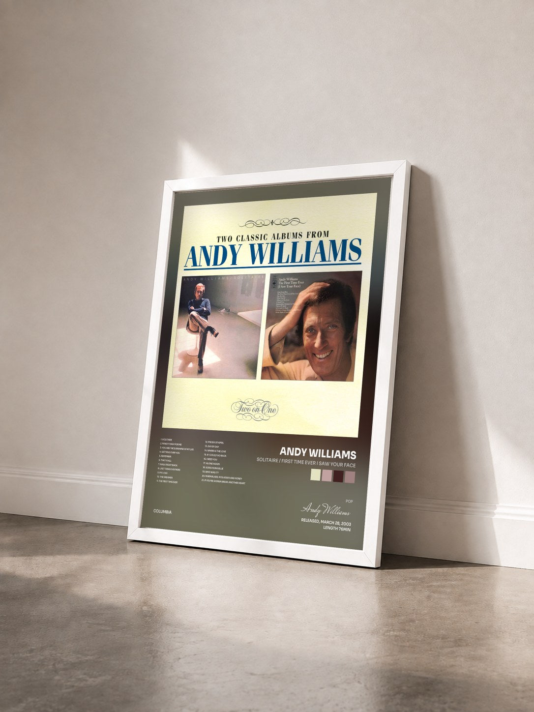#blanc Tableau de l'album Solitaire / First Time Ever I Saw Your Face de Andy Williams vu de trois quarts, cadre blanc