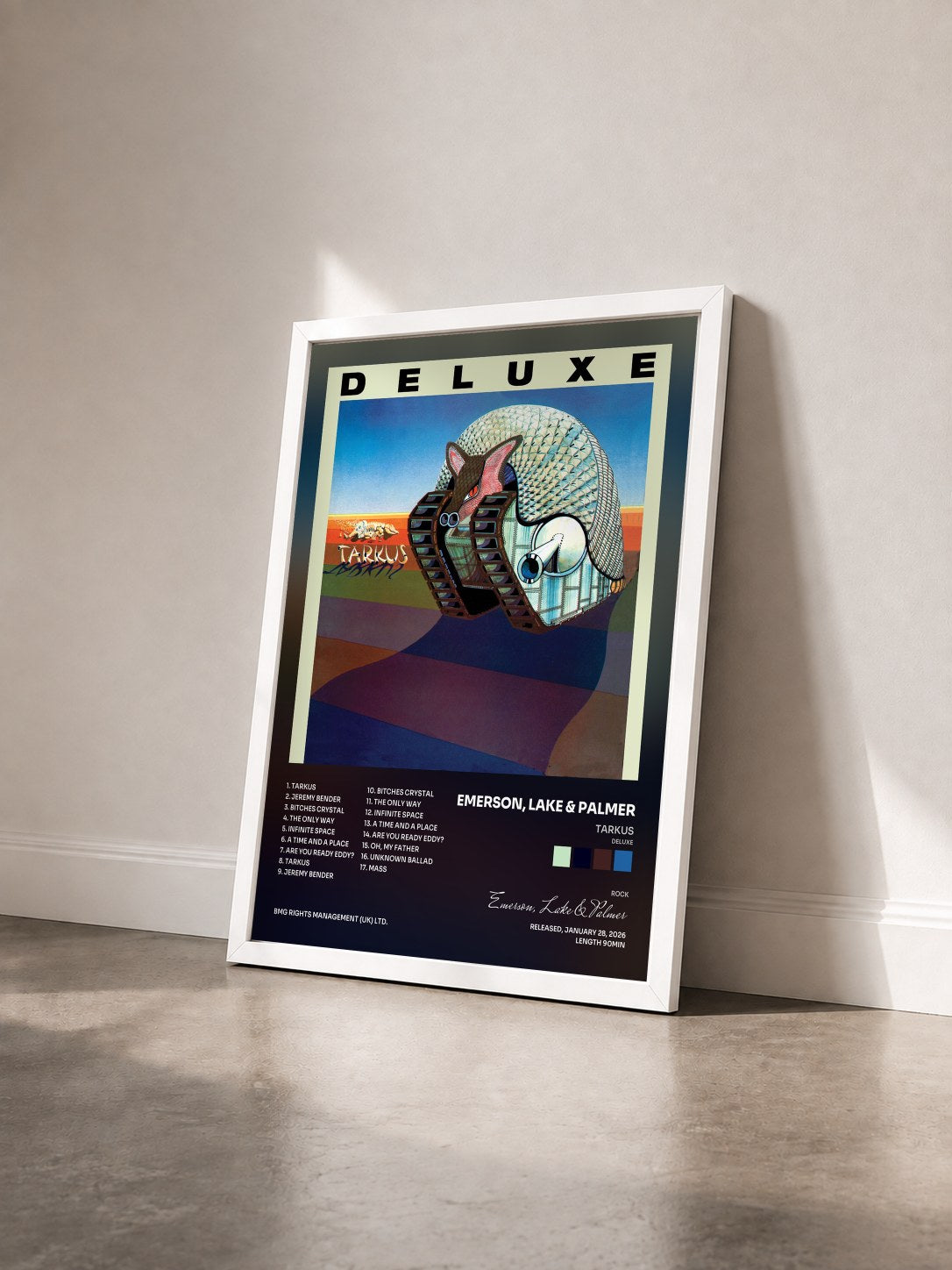 #blanc Tableau de l'album Tarkus (Deluxe) de Emerson, Lake & Palmer vu de trois quarts, cadre blanc