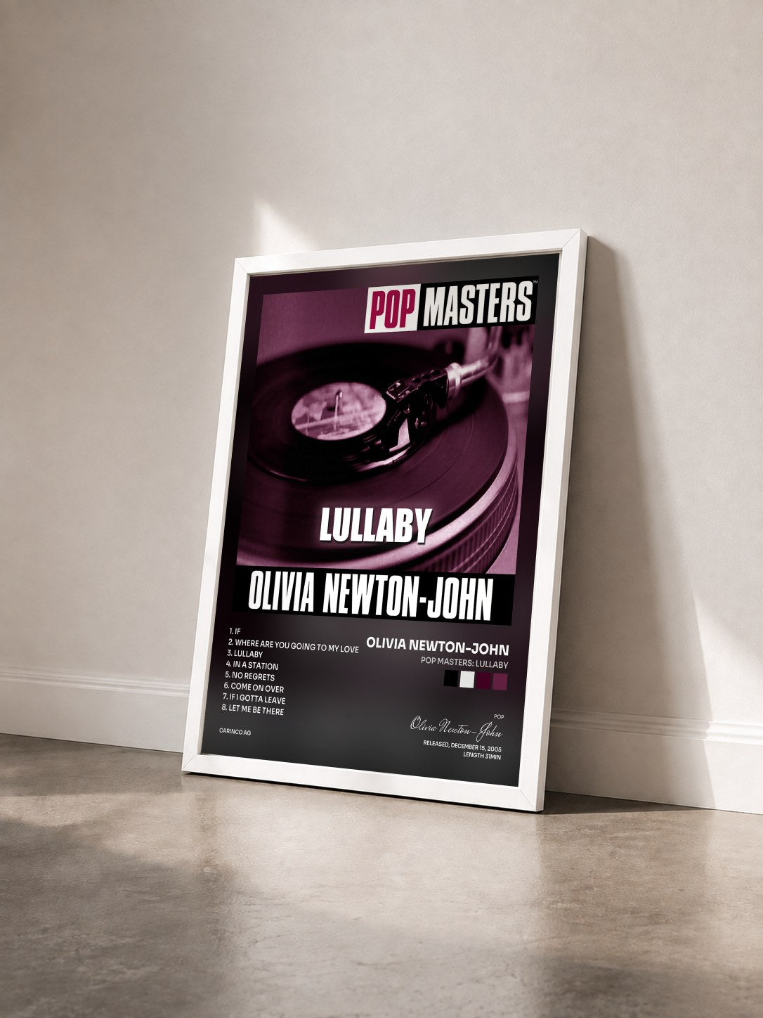 #blanc Tableau de l'album Pop Masters: Lullaby de Olivia Newton-John vu de trois quarts, cadre blanc