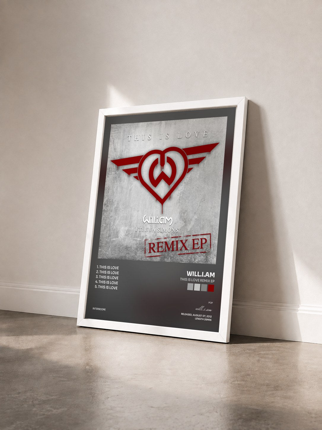 #blanc This Is Love Remix EP by will.i.am as a framed art print seen at an angle, white frame