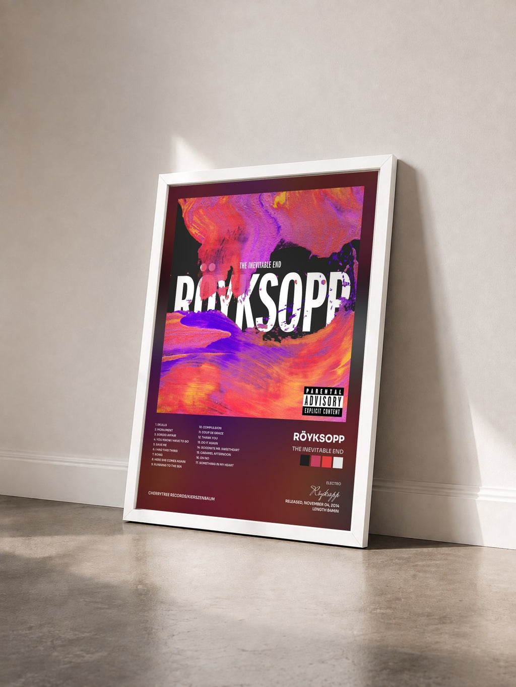 #blanc The Inevitable End de Röyksopp en lámina enmarcada vista de tres cuartos, marco blanco