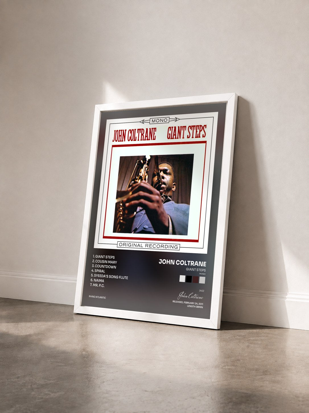 #blanc Tableau de l'album Giant Steps (Mono) de John Coltrane vu de trois quarts, cadre blanc