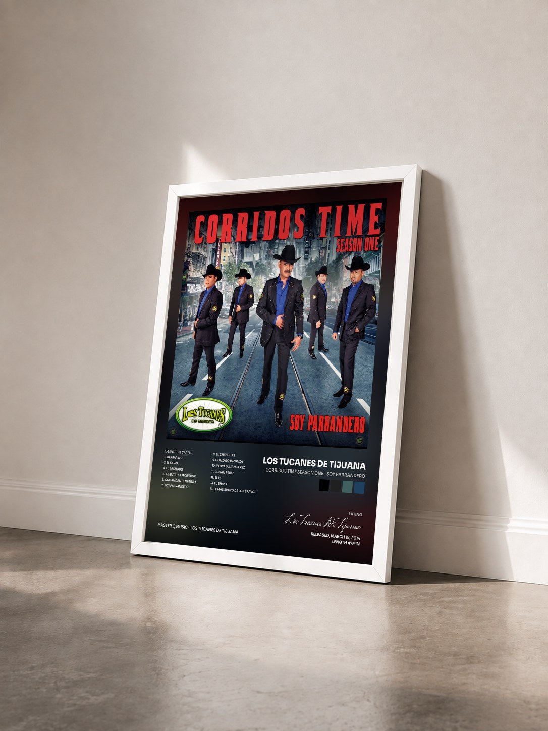 #blanc Tableau de l'album Corridos Time Season One - Soy Parrandero de Los Tucanes De Tijuana vu de trois quarts, cadre blanc