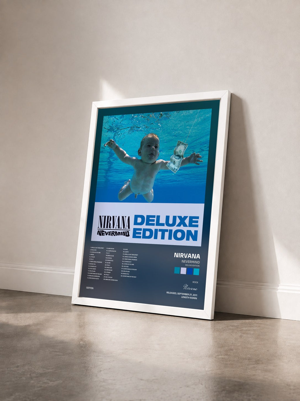 #blanc Tableau de l'album Nevermind (Deluxe Edition) de Nirvana vu de trois quarts, cadre blanc